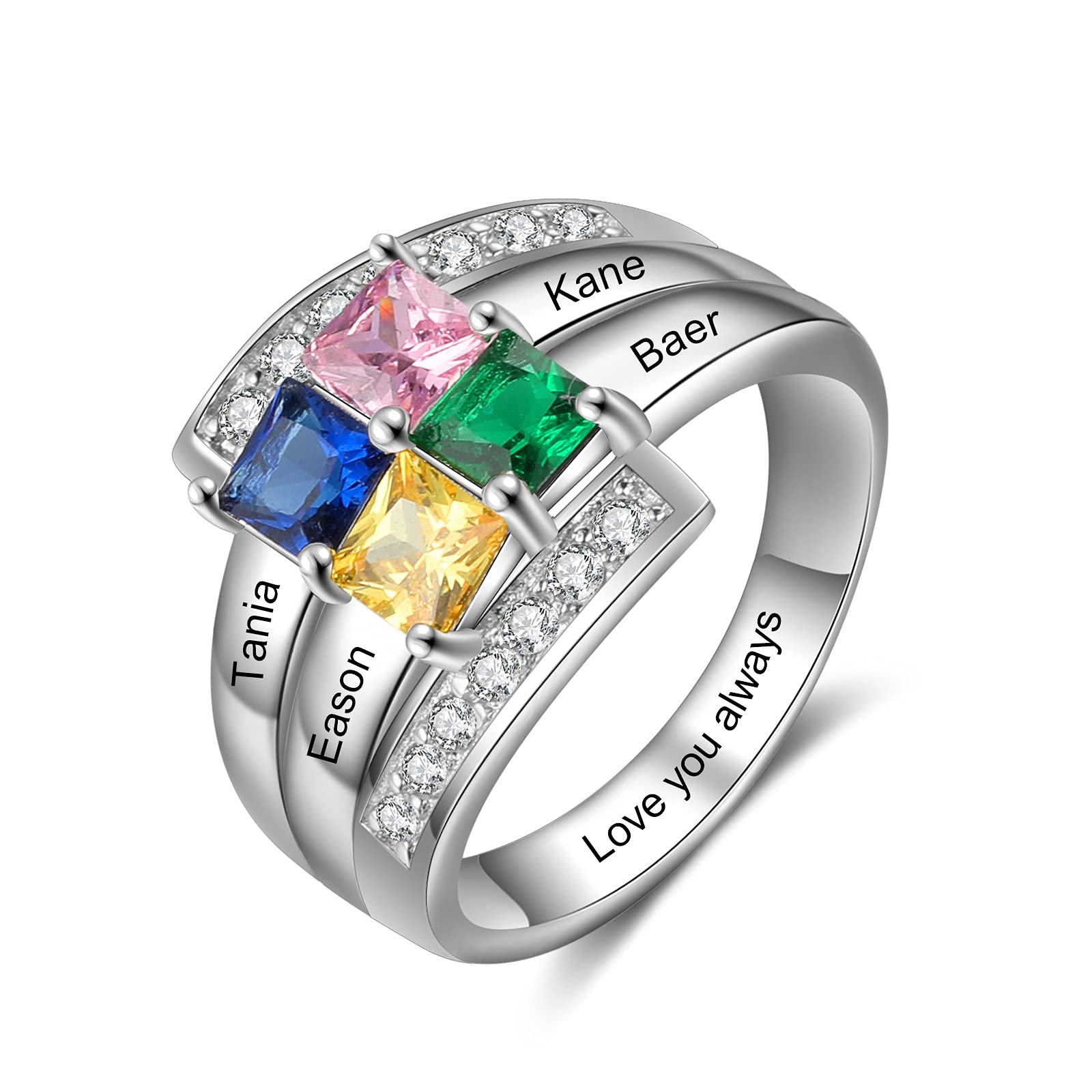 Personalized Mother's Ring for Women - 4 Simulated Birthstones with Engraved Names, Silver Family Ring for Grandmother, Anniversary & Promise Jewelry | Perfect for Mother's Day Gifts, Wedding Anniversaries & Special Family Moments