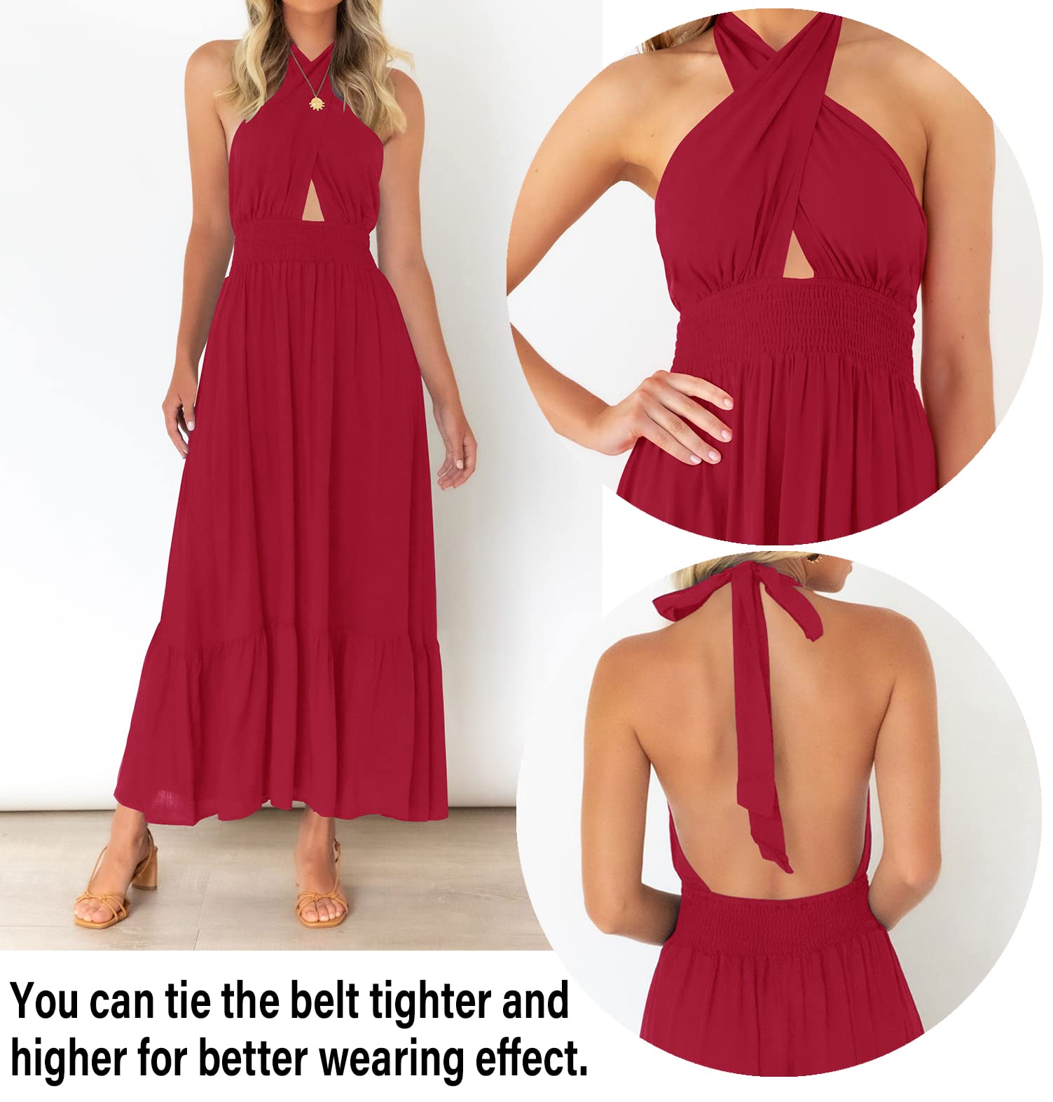 ZESICA Women's 2025 Summer Halter Neck Sleeveless Plaid Maxi Dress with Cut Out Back - Flowy A-Line Design for Beach Vacation, Party & Date Night