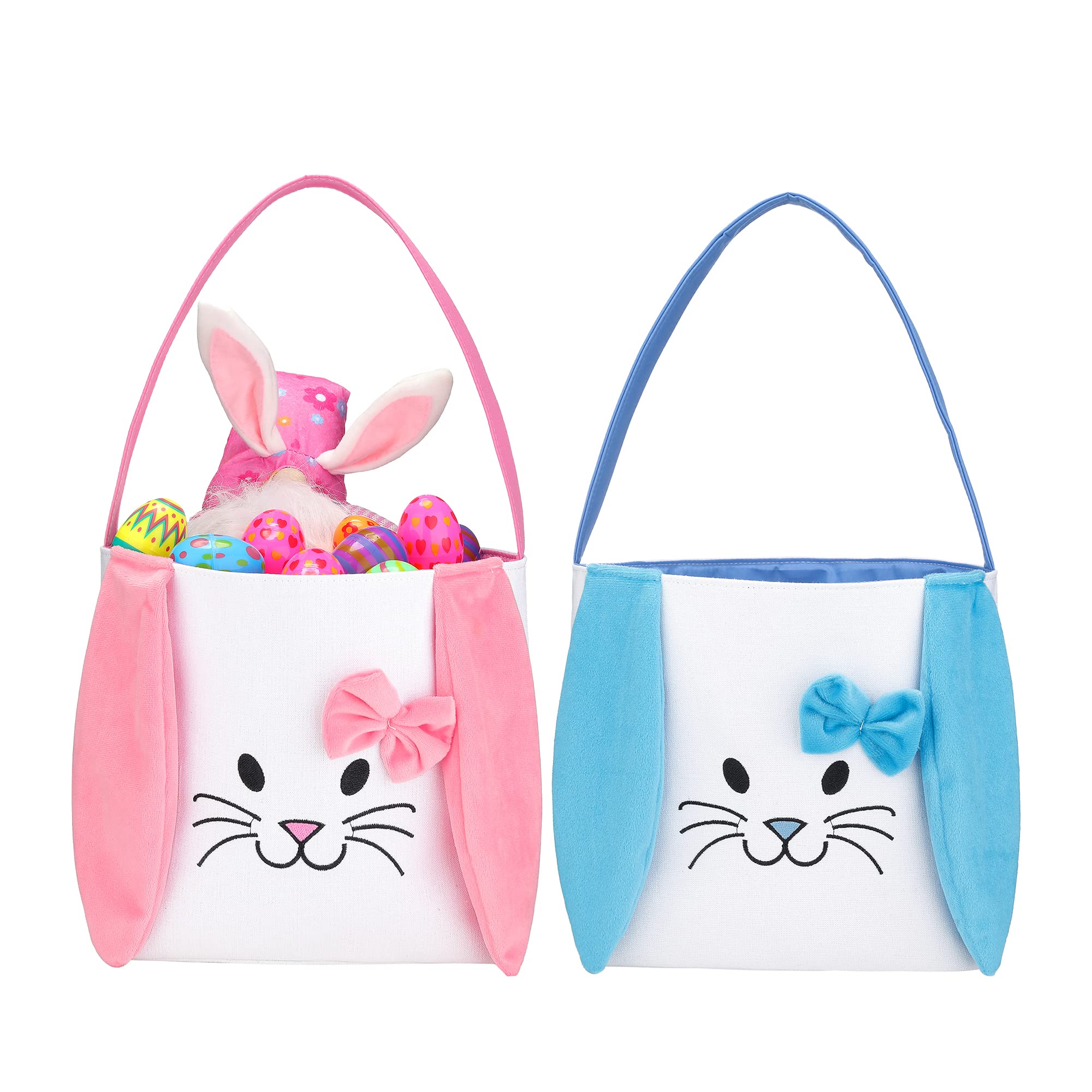 Easter Baskets for Kids - Boys and Girls Easter Egg Hunt Baskets, Cute Bunny Printed Canvas Gift Basket for Toddlers, Easter Party Decorations and Supplies (Pink & Blue) - Perfect for Easter Egg Hunts, Spring Celebrations, and Holiday Gift Giving