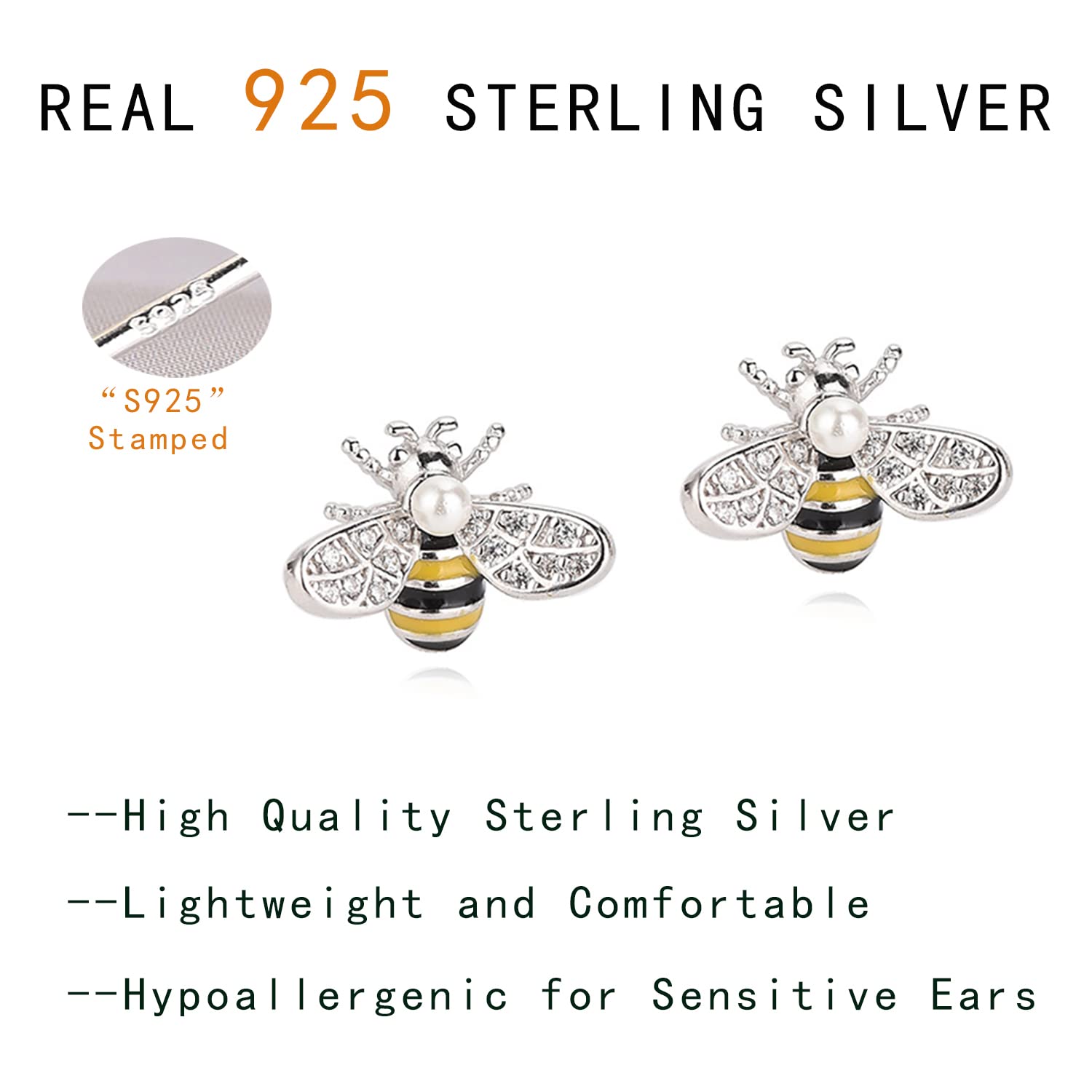 Reffeer Solid 925 Sterling Silver Bumble Bee Stud Earrings for Women - Small Cute Freshwater Pearl Bee Jewelry - Perfect for Everyday Wear, Gift Giving & Spring Fashion Accessories