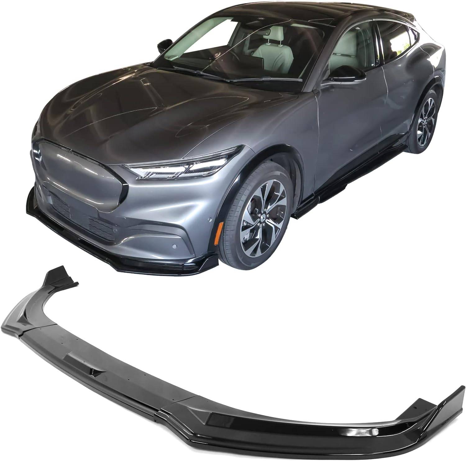 2021-2025 Ford Mustang Mach E IKON 3PC Front Bumper Lip Spoiler - Glossy Black PP Material - Enhance Style & Aerodynamics - Perfect for Street Racing & Car Shows