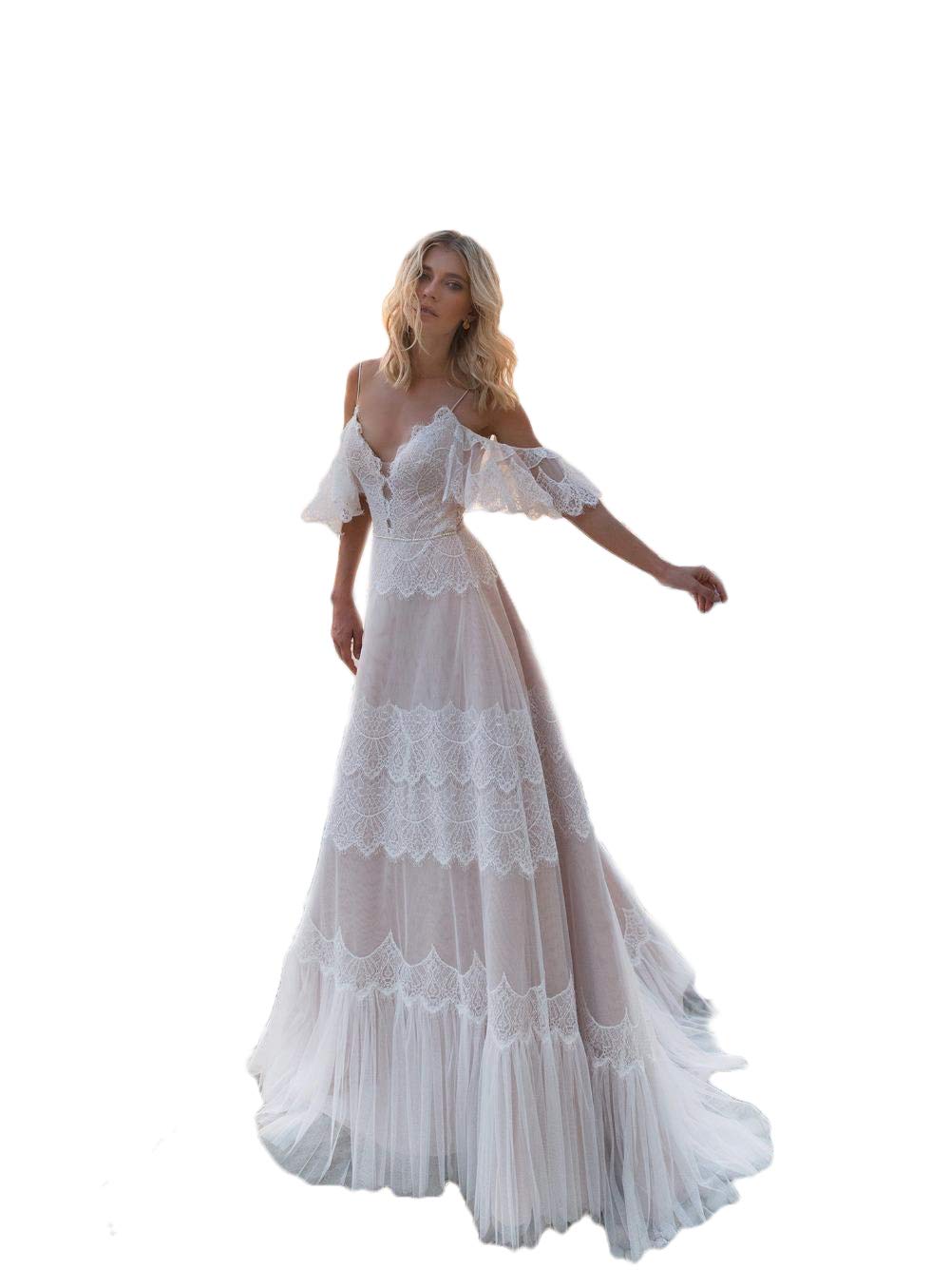 Boho Wedding Dresses for Women - Off Shoulder Lace Appliques Bridal Gowns, Backless Beach A-Line Wedding Dress for Boho Chic, Outdoor & Destination Weddings