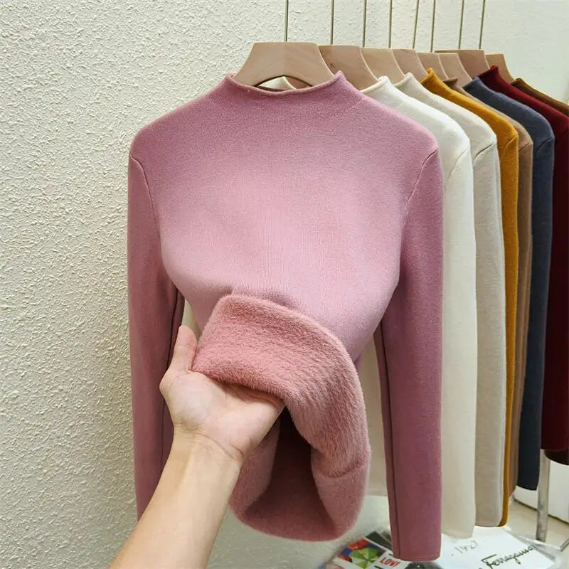 Women's Solid Half High Neck Velvet Sweater - Korean Fashion Warm Knitwear Long Sleeve Pullover Top for Autumn Winter | Cozy Casual Wear, Office Outfits & Holiday Layering