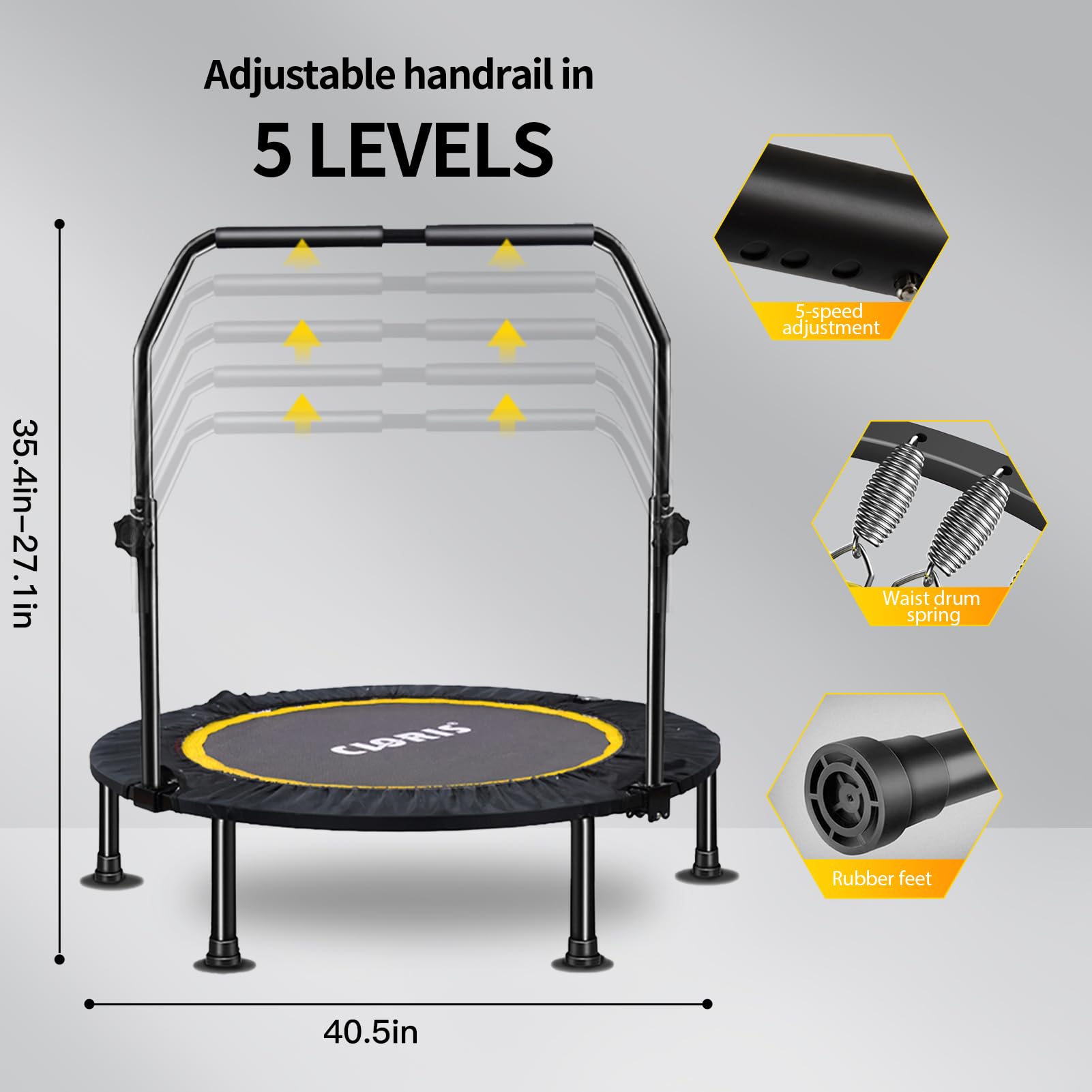 CLORIS 40-inch Foldable Mini Trampoline with Adjustable Foam Handle - Fitness Rebounder for Kids & Adults, Safety Padded Cover - Perfect for Home Workouts, Indoor Exercise & Family Fun