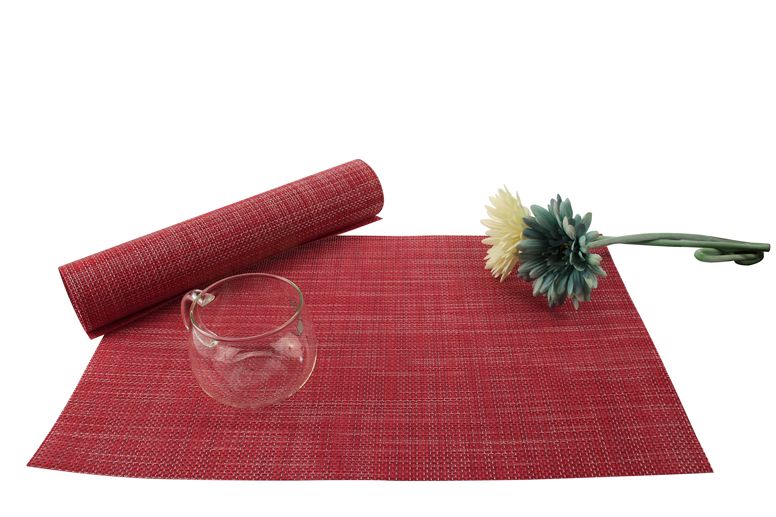 GEFEII Non-Slip Heat-Resistant PVC Woven Vinyl Placemats Set of 6 - Washable, Stain-Resistant Dining Table Mats for Kitchen & Home Decor (Red) | Perfect for Everyday Meals, Dinner Parties & Holiday Gatherings