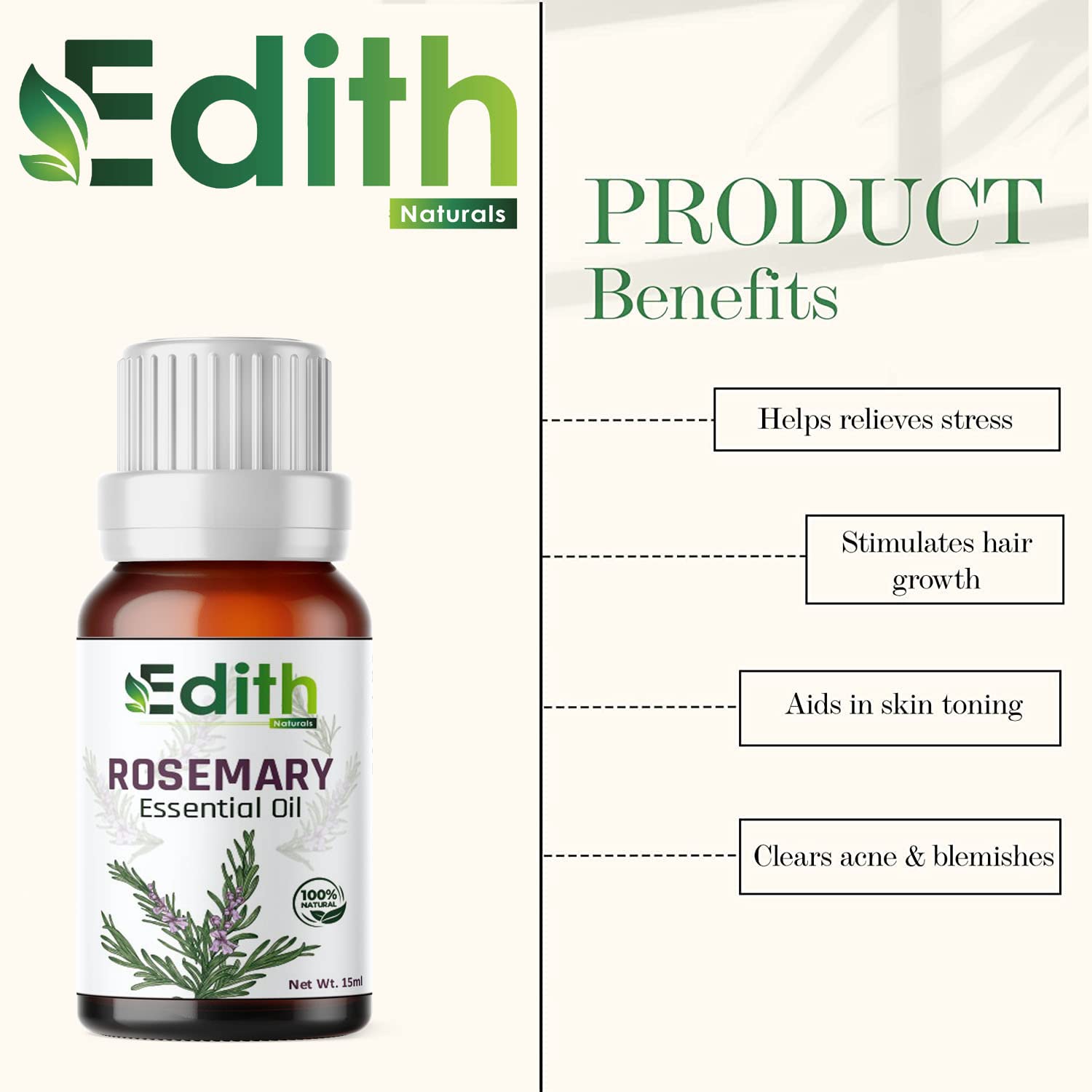 100% Pure & Natural Rosemary Essential Oil for Hair Growth, Skin Care & Aromatherapy - 15ml, Fragrance-Free, Undiluted - Perfect for DIY Beauty, Massage & Relaxation