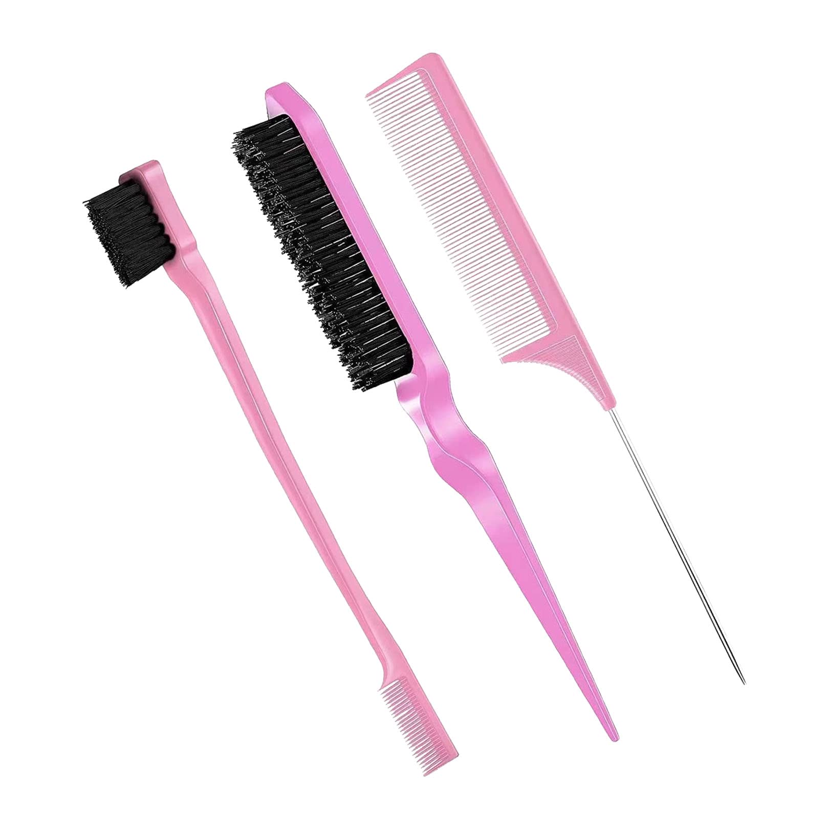 3Pcs Hair Brush Comb Set - Slick Back Brush, Bristle Hair Brush, Teasing Brush & Rat Tail Comb for Women & Kids - Double-Sided Edges for Smooth Styling - Perfect for Salon, Home & Travel Use (Pink)