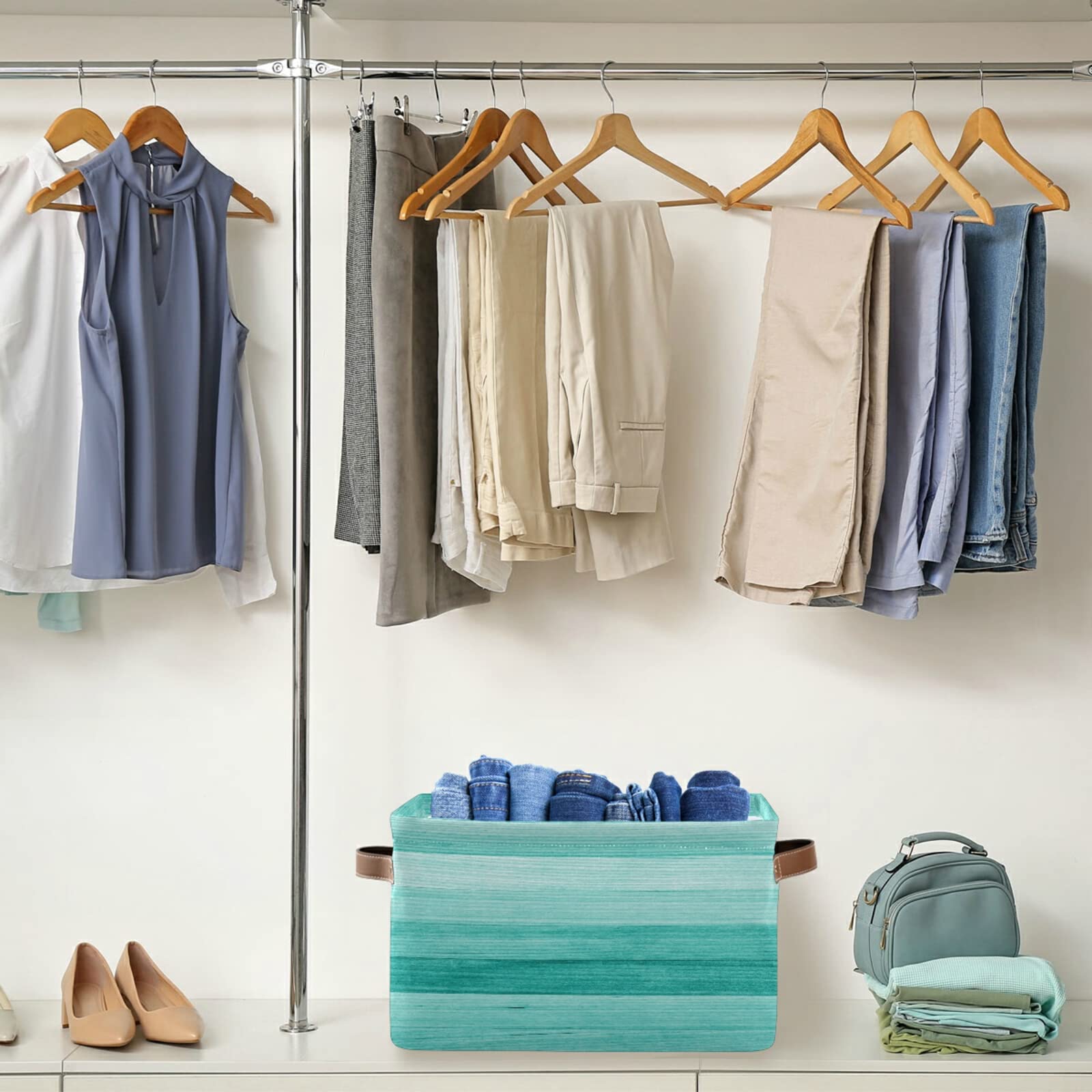 Teal Mint Green Wood Storage Baskets with Handles - Large Collapsible Storage Bins for Shelves, Closet, Bedroom & Living Room (2-Pack) | Perfect for Organizing Toys, Blankets & Home Decor