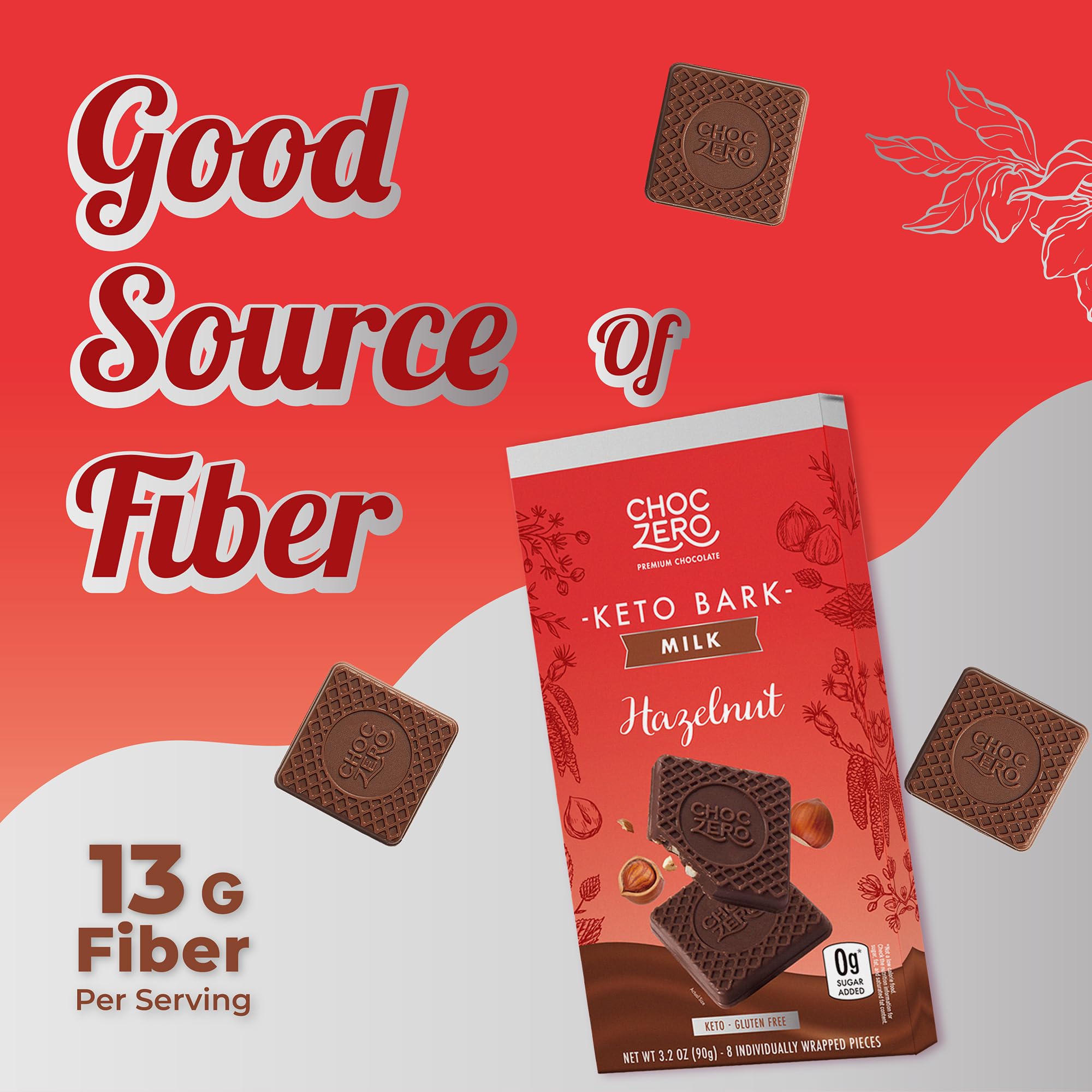 ChocZero Keto Bark - Sugar Free Milk Chocolate Hazelnut Candy Bar with No Sugar Alcohols | Low Carb, No Artificial Sweeteners | 3.2oz (4-Pack) | Perfect for Keto Diet, Diabetic Snacks & Healthy Desserts