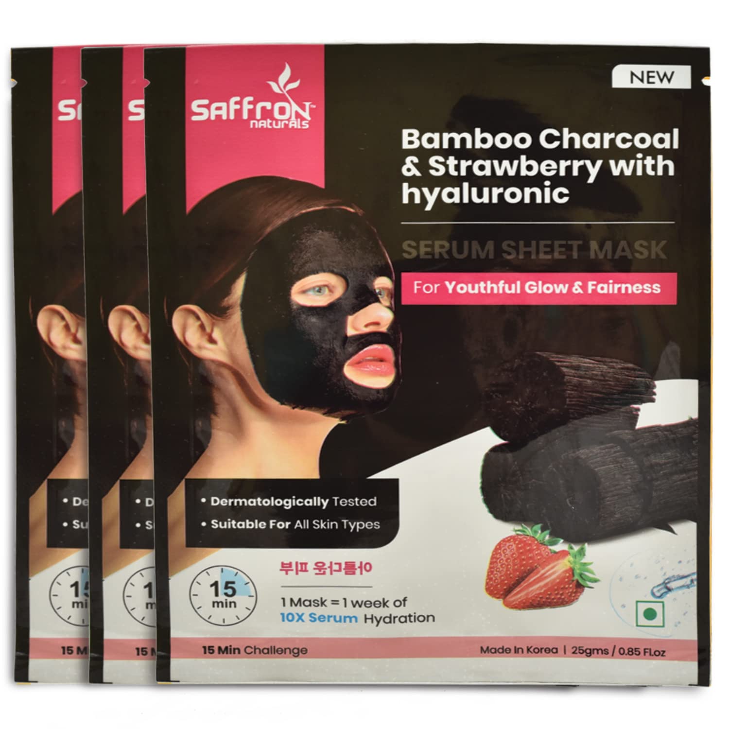 Saffron Naturals Bamboo Charcoal & Strawberry Facial Sheet Mask Set - Brightening & Anti-Aging Treatment for Glowing Skin, 3 Pack (25g Each) | Perfect for Spa Night, Self-Care Routine & Travel Skincare