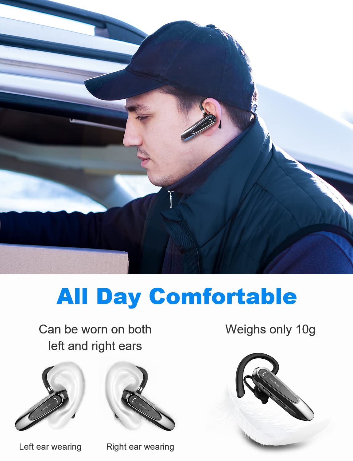 [2 Pack] Link Dream Bluetooth Headset V5.0 - Wireless Earpiece with 20H Talk Time & 180 Days Standby - Hands-Free Earphone for iPhone, Android, Samsung - Perfect for Truck Drivers, Business Calls, Office Work & Safe Driving (Black)