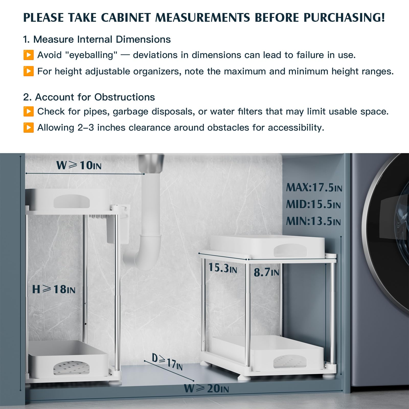 2 Pack Under Sink Organizers & Storage - Adjustable 2-Tier Sliding Cabinet Organizer for Kitchen, Bathroom, Laundry - White | Space-Saving Solution for Cleaning Supplies, Toiletries & Household Items