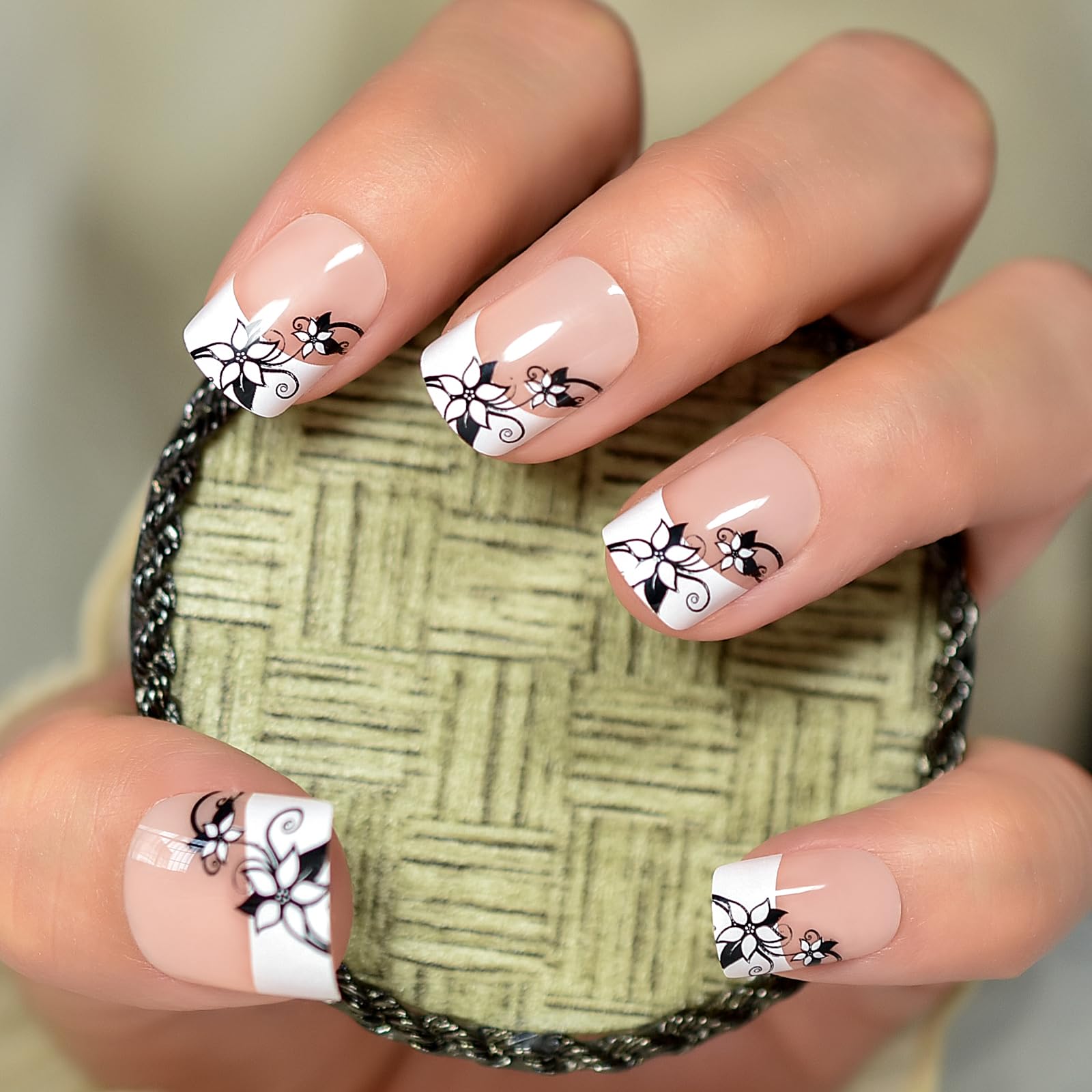 24pcs French Lily Flower Press on Nails - Soft Gel Glossy Natural Nude Fake Nails for Women, Reusable Stick on Acrylic Nails with Glue Kit | Perfect for Weddings, Parties & Everyday Wear