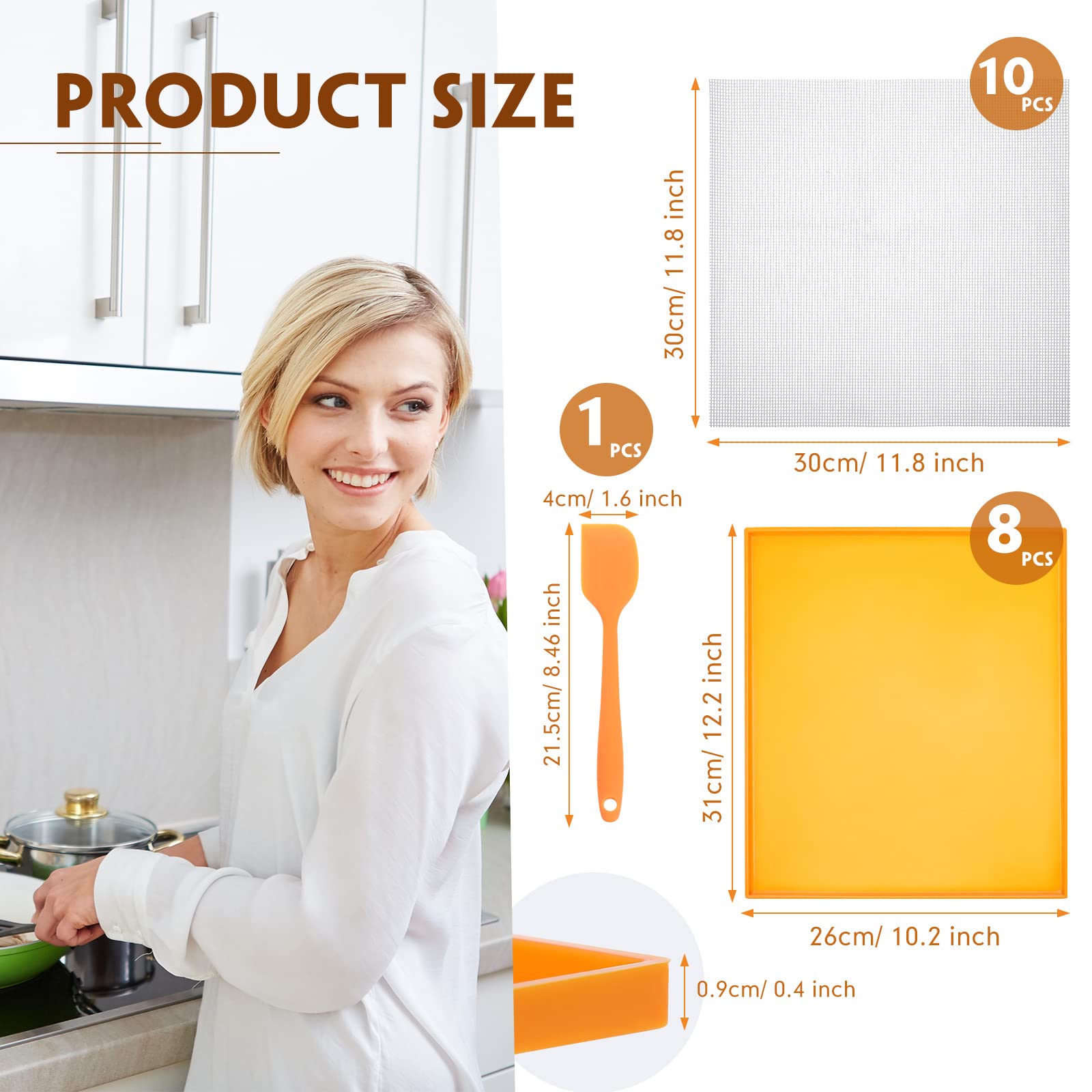 Thenshop 8 Pcs Silicone Dehydrator Sheets with Edge + 10 Pcs Mesh Dehydrator Mats with Silicone Scraper - Non-Stick Fruit Leather Trays for Liquid, Meat & Fruit (Orange) - Perfect for Food Dehydrators, Jerky Making & Healthy Snacks