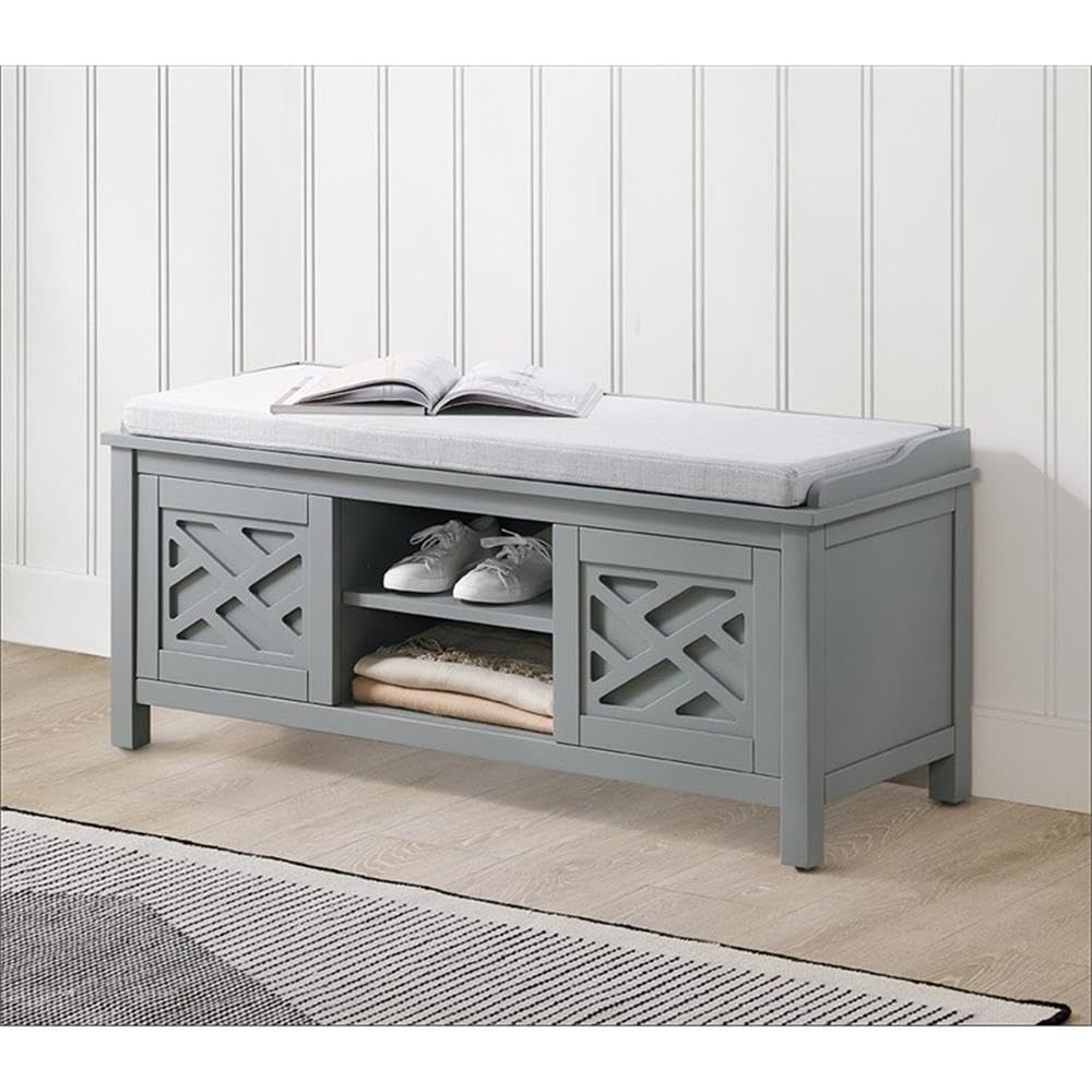 Coventry 45-inch Wooden Storage Bench with Cushion & Decorative Side Panels - Gray Accent Table for Entryway, Mudroom & Laundry Room - Adjustable Removable Shelves - Perfect for Home Organization & Cozy Seating