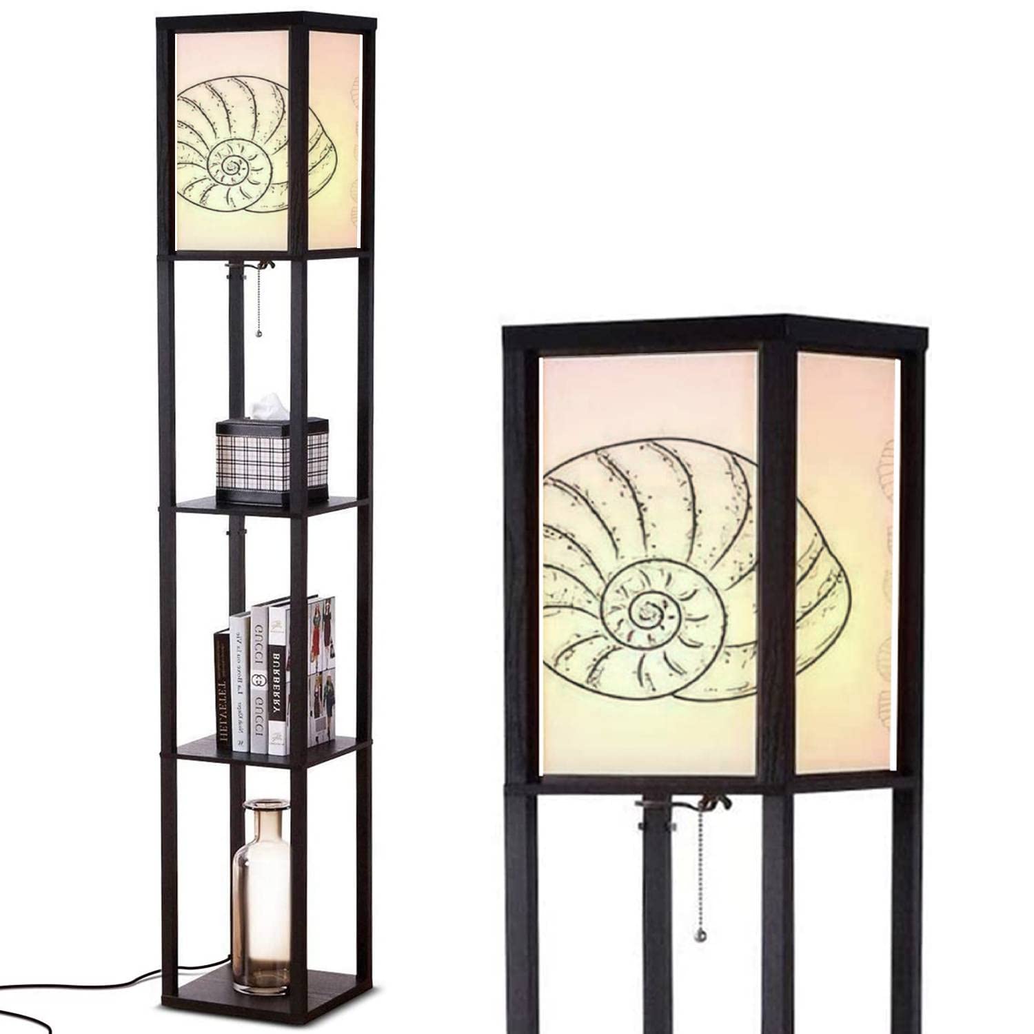 Modern Wood Floor Lamp with Shelves - Black & White Seashell Design, Linen Shade, Corner Storage & Bookshelf - Perfect for Living Room, Bedroom, Office Lighting & Reading Nook