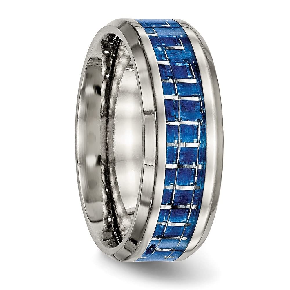 Diamond2Deal 8mm Titanium Wedding Band - Polished Blue & White Carbon Fiber Inlay Ring for Men, Durable & Lightweight Comfort Fit Jewelry - Perfect for Engagement, Anniversary, and Everyday Wear