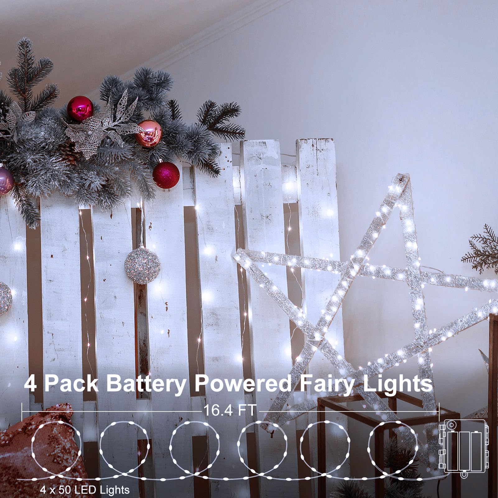 4 Pack 16.4 Ft Battery Operated Fairy Lights - 50 LED Waterproof Christmas String Lights with Auto Timer & 8 Modes, Silver Wire Twinkle Lights for Wedding, Party, Christmas Tree, Home, Garden, and Outdoor Decor (Cool White) - Perfect for Holiday, Bedroom, and Event Lighting