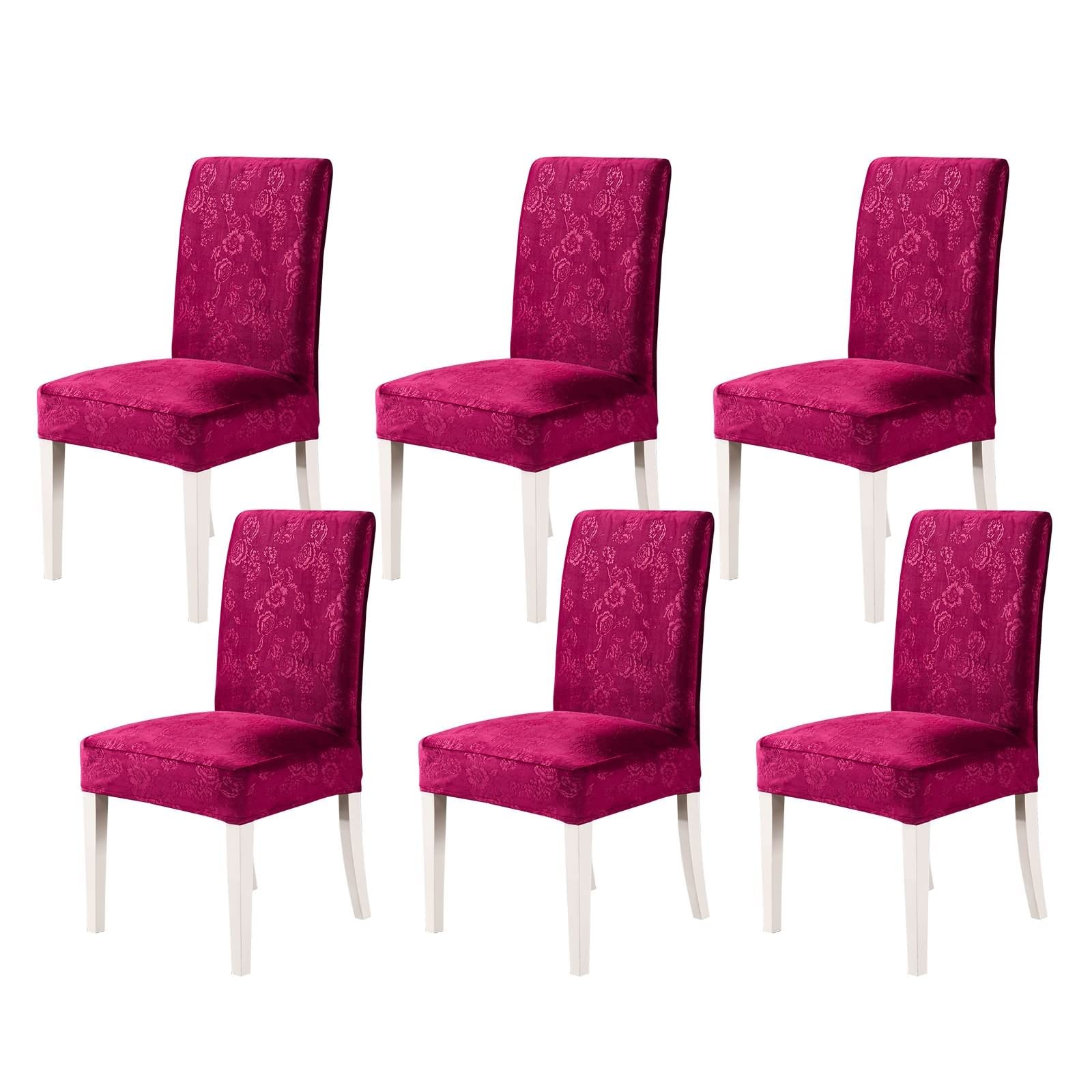 Daesar Stretch Chair Covers 6 Pack - Washable Velvet Dining Chair Slipcovers with Christmas Floral Pattern (Purple/Red) for Living Room, Kitchen & Holiday Decor - Fits Most Standard Chairs