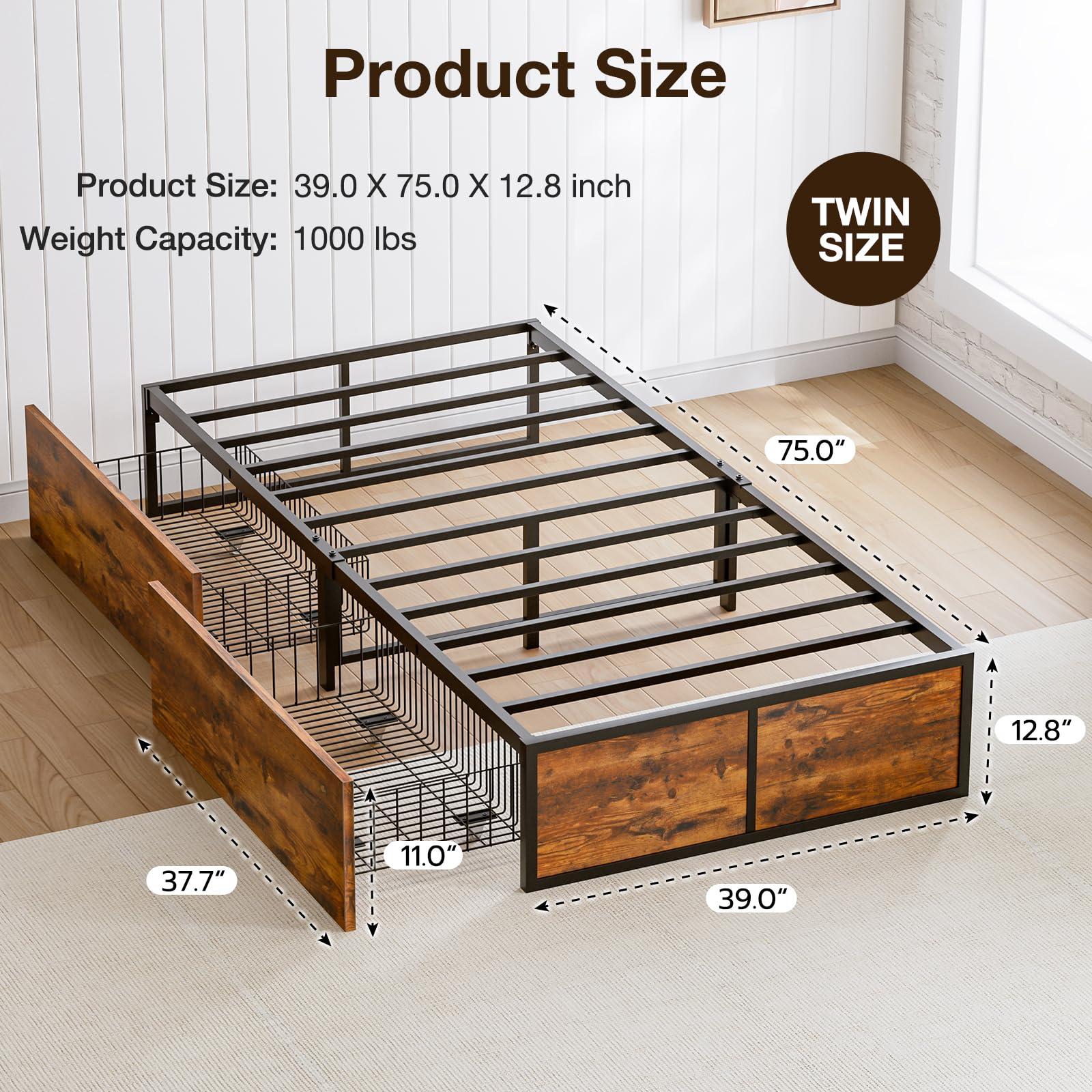 GAZHOME Twin Bed Frame with 2 XL Storage Drawers - Sturdy Metal Platform Bed with Footboard, 9 Reinforced Slats (No Box Spring Required) - Easy Assembly Space-Saving Design for Small Bedrooms, Dorms & Guest Rooms