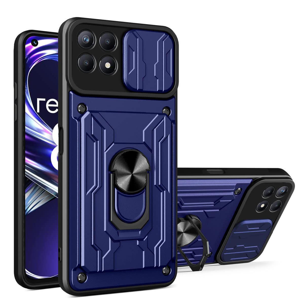 Heavy Duty Magnetic Ring Kickstand Phone Case for Oppo Realme 8i - Shockproof Protective Cover with Card Holder & Slide Camera (LJK Blue) | Perfect for Outdoor Activities, Travel & Daily Use