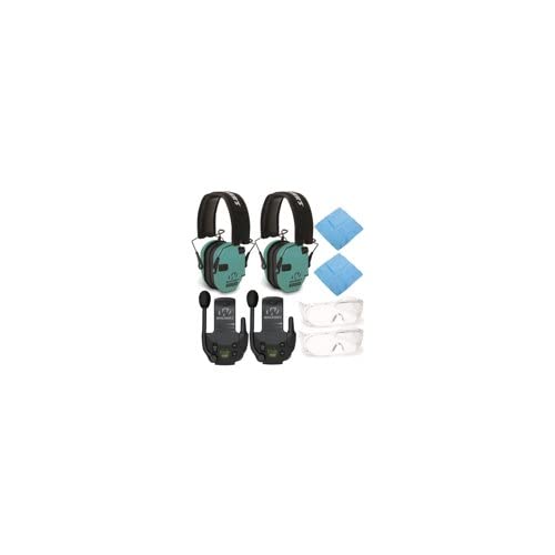 Walker’s Razor Slim Electronic Shooting Muffs (Light Teal, 2-Pack) Bundle with Walkie Talkies, Shooting Glasses & Cleaning Cloths - 8-Piece Hearing Protection Gear Set for Hunting, Shooting Range & Outdoor Activities