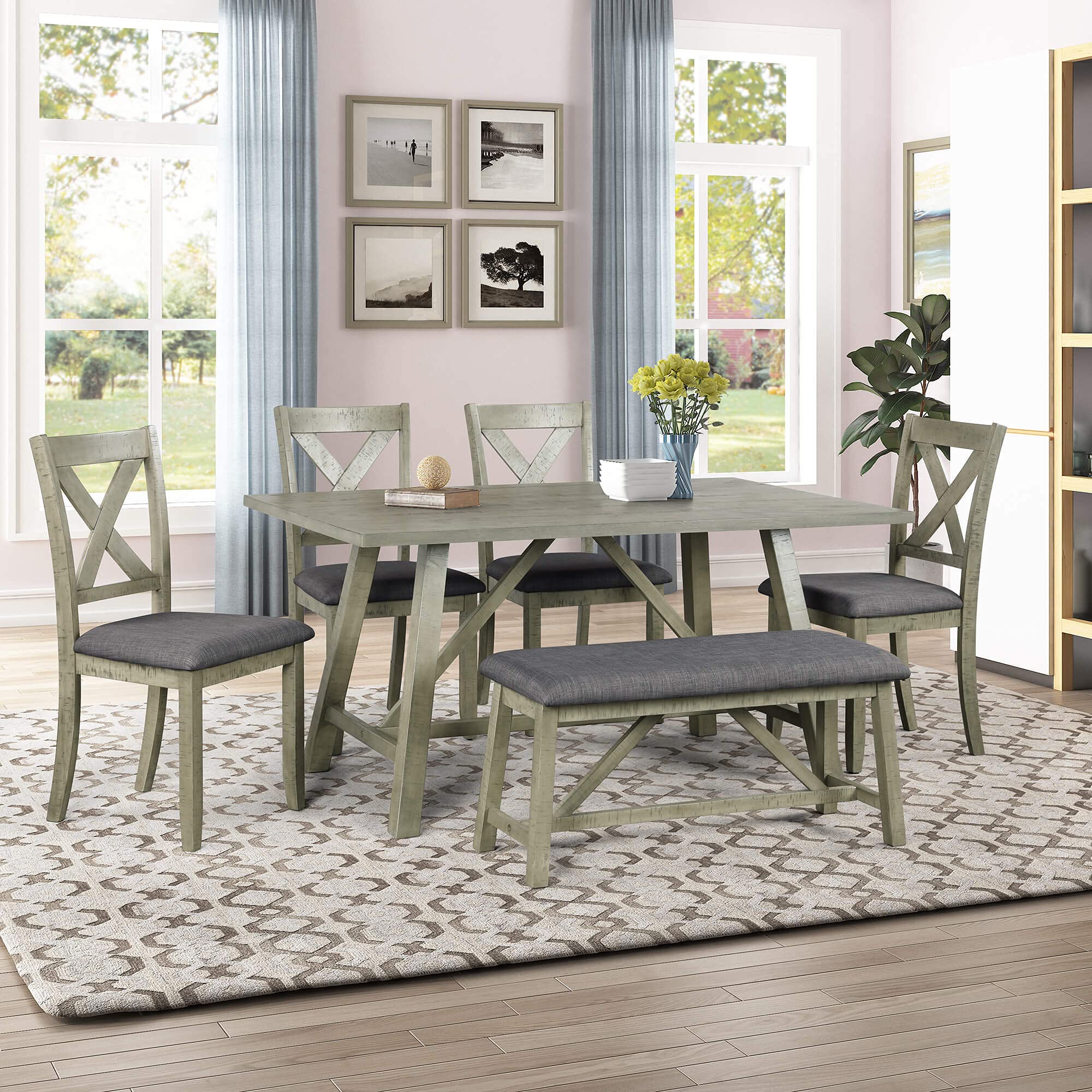 Xmatch 6-Piece Wooden Dining Table Set with Table, 1 Bench & 4 Chairs - Rustic Grey Kitchen Table for Family Meals & Entertaining