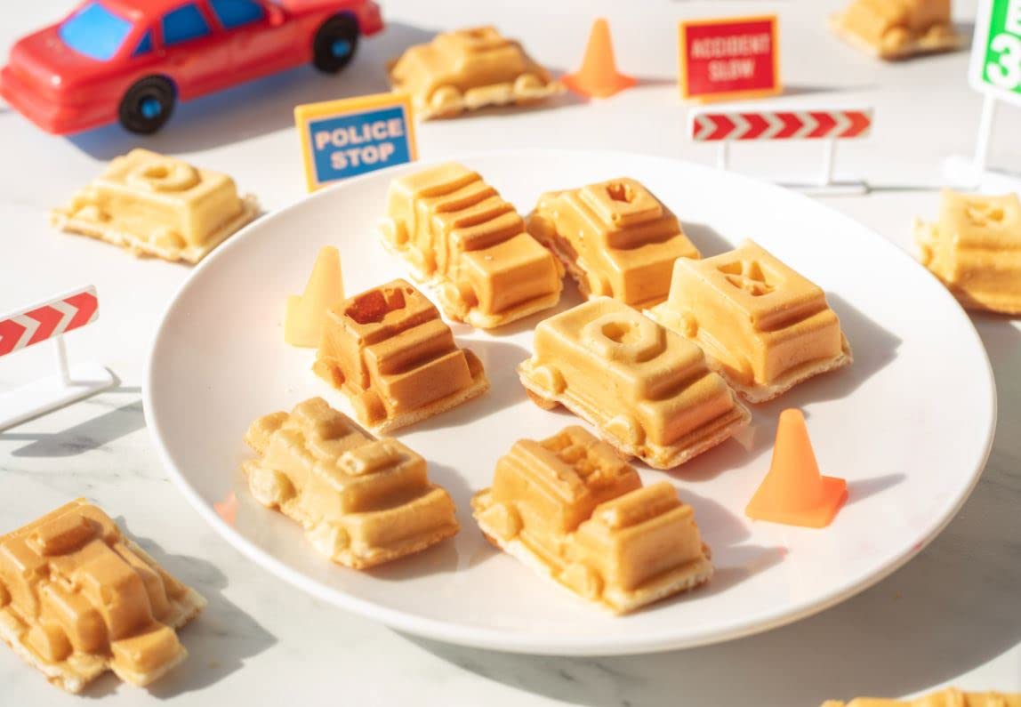 Mini Waffle Maker for Cars & Trucks - Create 7 Fun Vehicle-Shaped Pancakes (Police Car, Fire Truck, Construction Truck) - Electric Non-Stick Iron with Free Recipe Guide - Perfect Kids Gift for Birthday Parties & Family Breakfast Fun