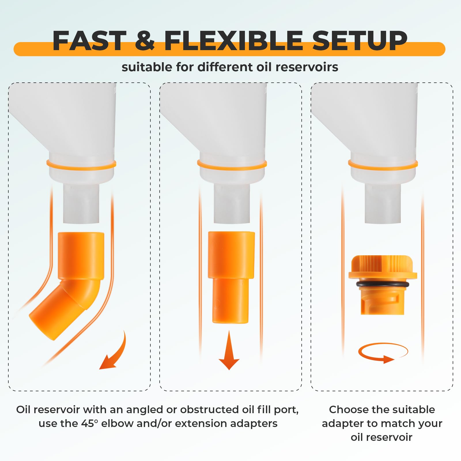 FOUR UNCLES 15-Piece No-Spill Oil Funnel Kit for Cars & Trucks - 1.5 Quart Funnel with 14 Universal Adapters | Easy One-Hand Operation | Perfect for DIY Oil Changes & Garage Maintenance
