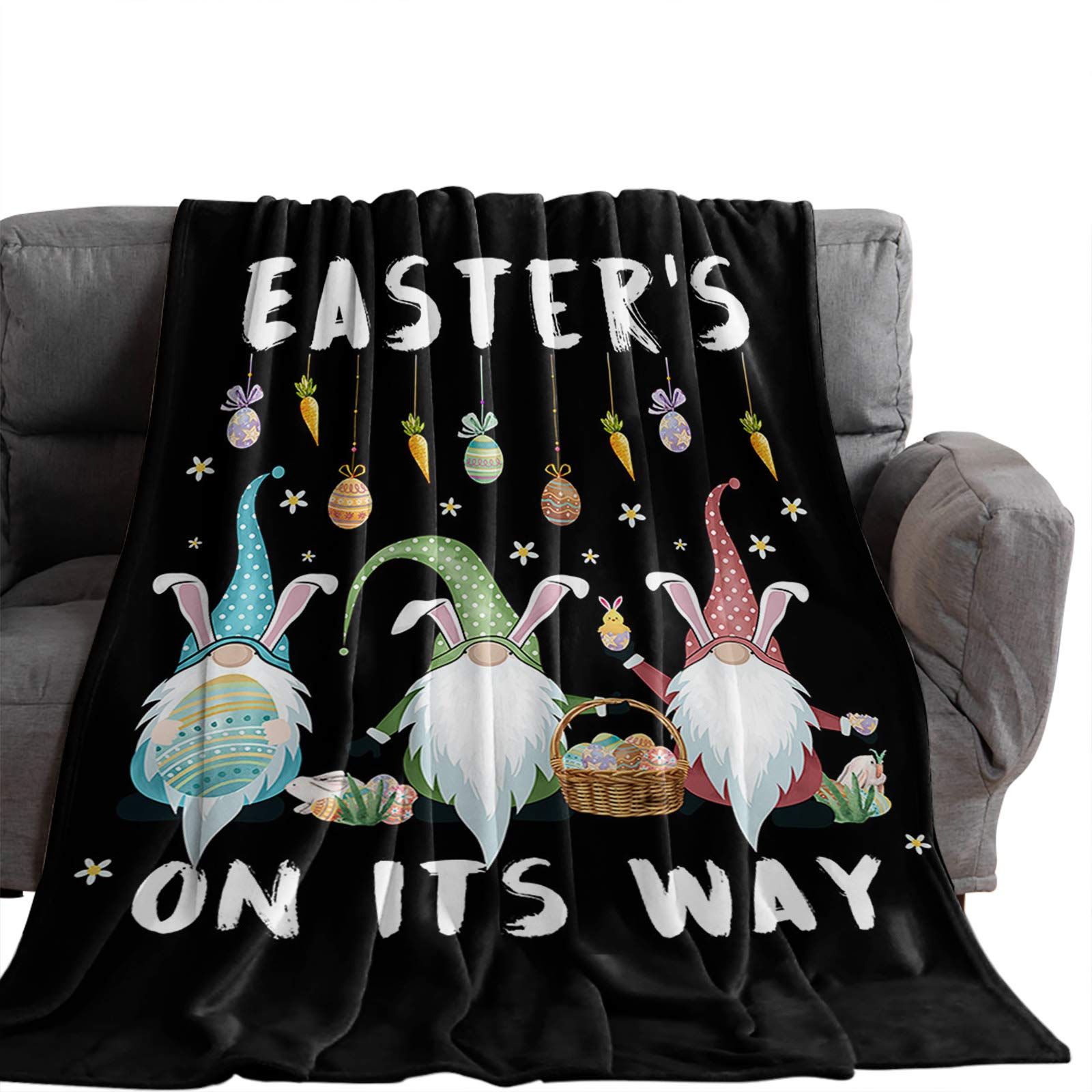 Happy Easter Gnomes & Eggs Carrot Throw Blanket - Soft Fuzzy Microfiber Luxury Bed Cover for Couch, Sofa, Chair - Perfect for Travel, Camping, Stadium & Home Decor - Black
