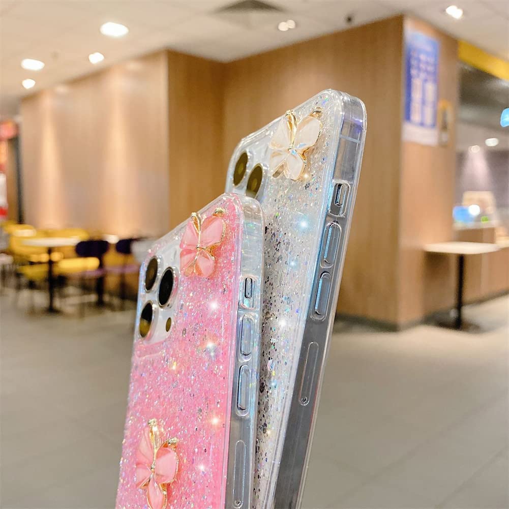 **3D Crystal Glitter Butterfly Phone Case for Samsung Galaxy A21s - Clear Soft TPU Shockproof Cover with Diamond Wrist Strap, Transparent Protective Case for Women & Girls (Pink) - Perfect for Everyday Use, Parties & Gifts**