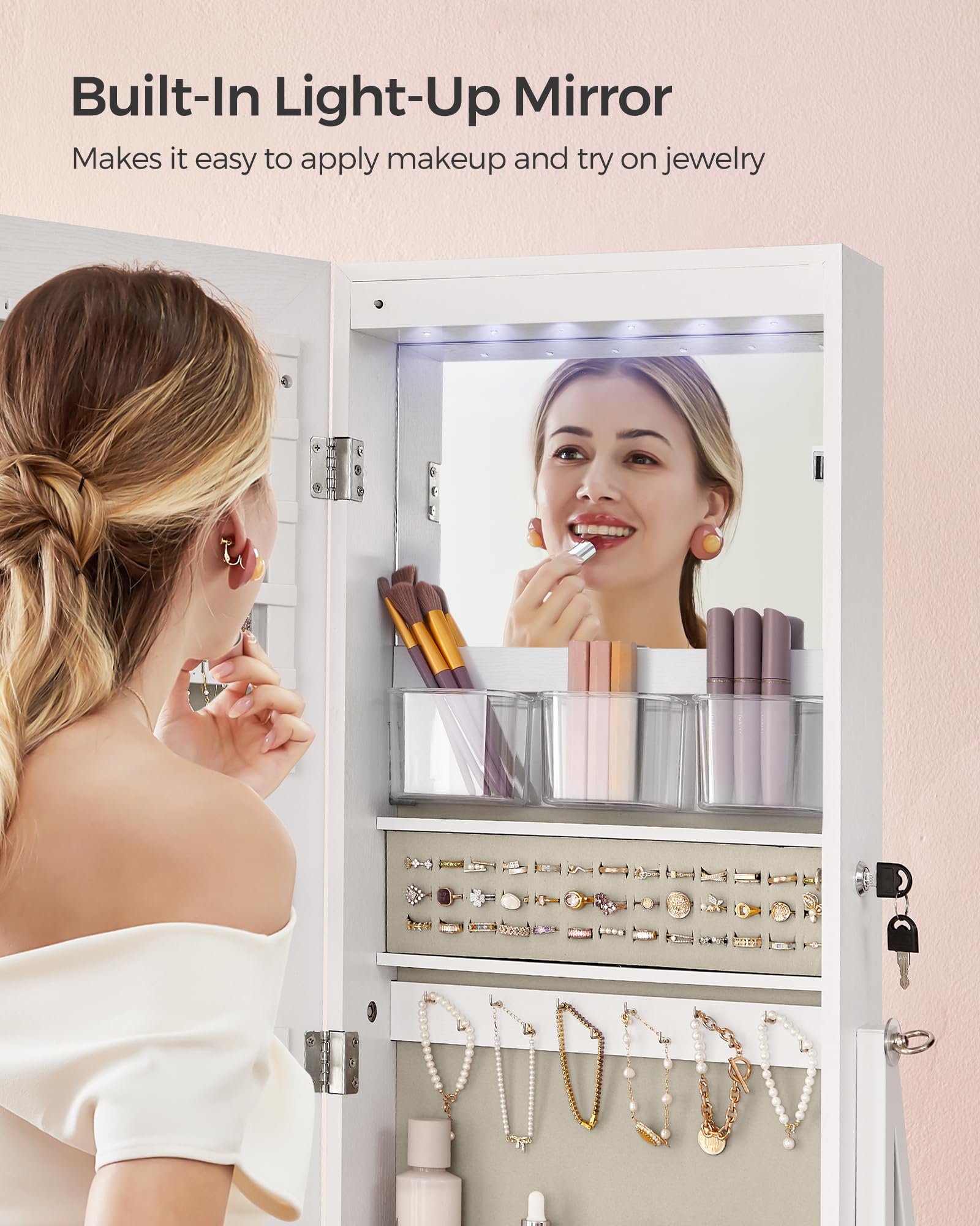 SONGMICS LED Mirror Jewelry Cabinet - Lockable Standing Jewelry Armoire with Full-Length Mirror, 6 Drawers & Shelves for Necklace, Ring, Bracelet Storage - Space-Saving Vanity Organizer for Bedroom, Bathroom - Cloud White UJJC025W01
