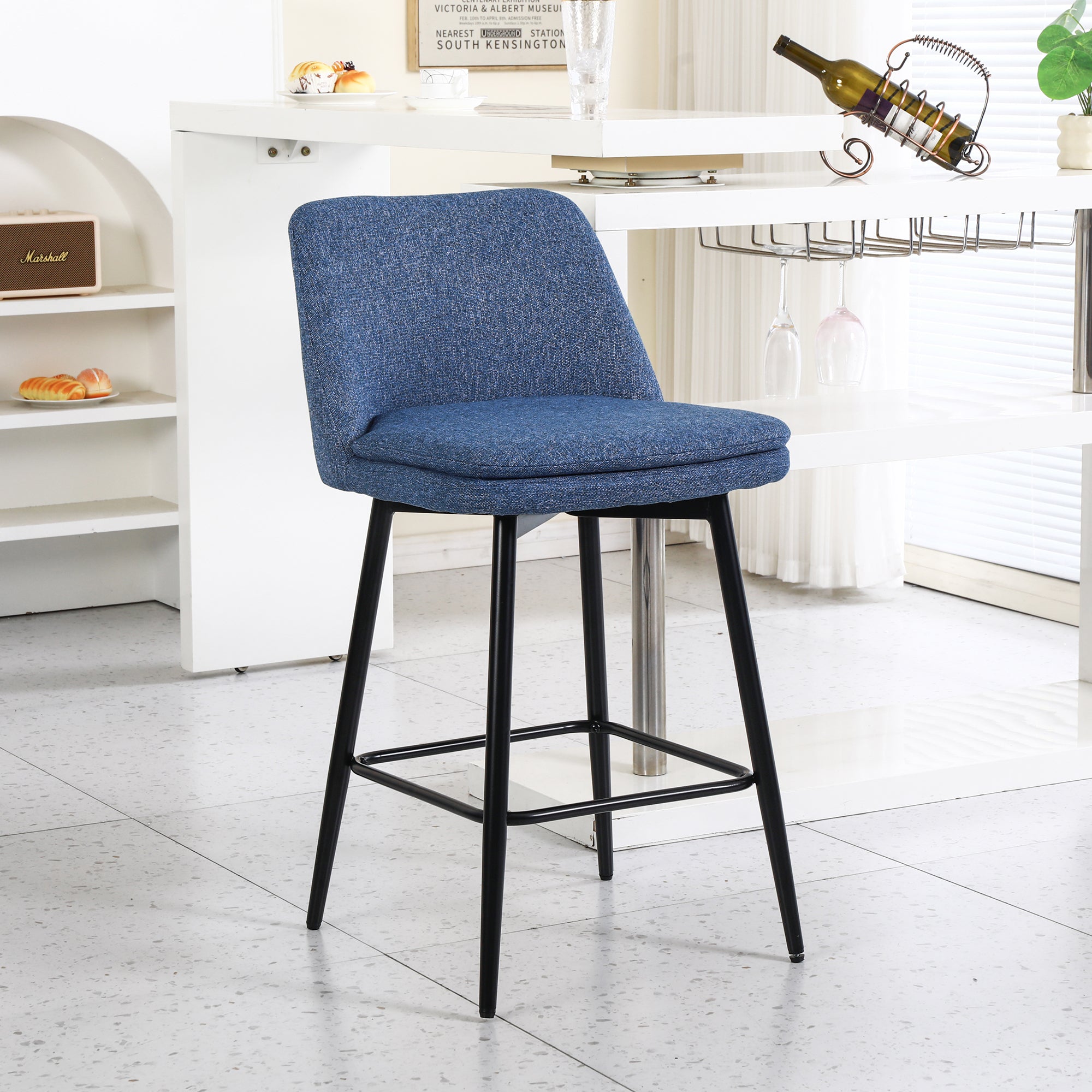 360° Swivel Counter Height Bar Stools Set of 2 - Upholstered with Back Support & Sturdy Metal Legs, 25.6