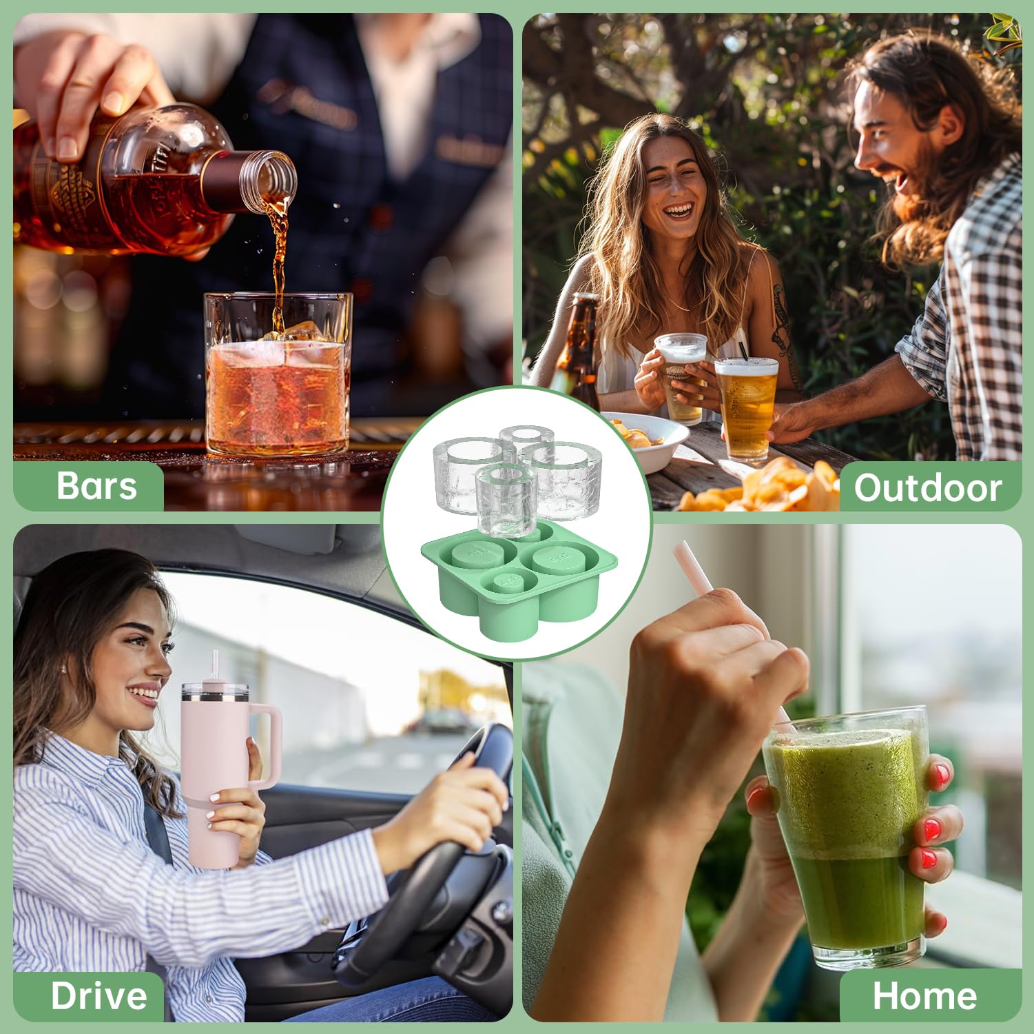 Stanley Cup Ice Molds - 4 Pack Silicone Hollow Cylinder Ice Cube Trays for 20oz 30oz 40oz Tumblers with Lid & Storage Bin | Perfect for Freezer, Iced Coffee, Cocktails, Whiskey & Cold Drinks (Green)
