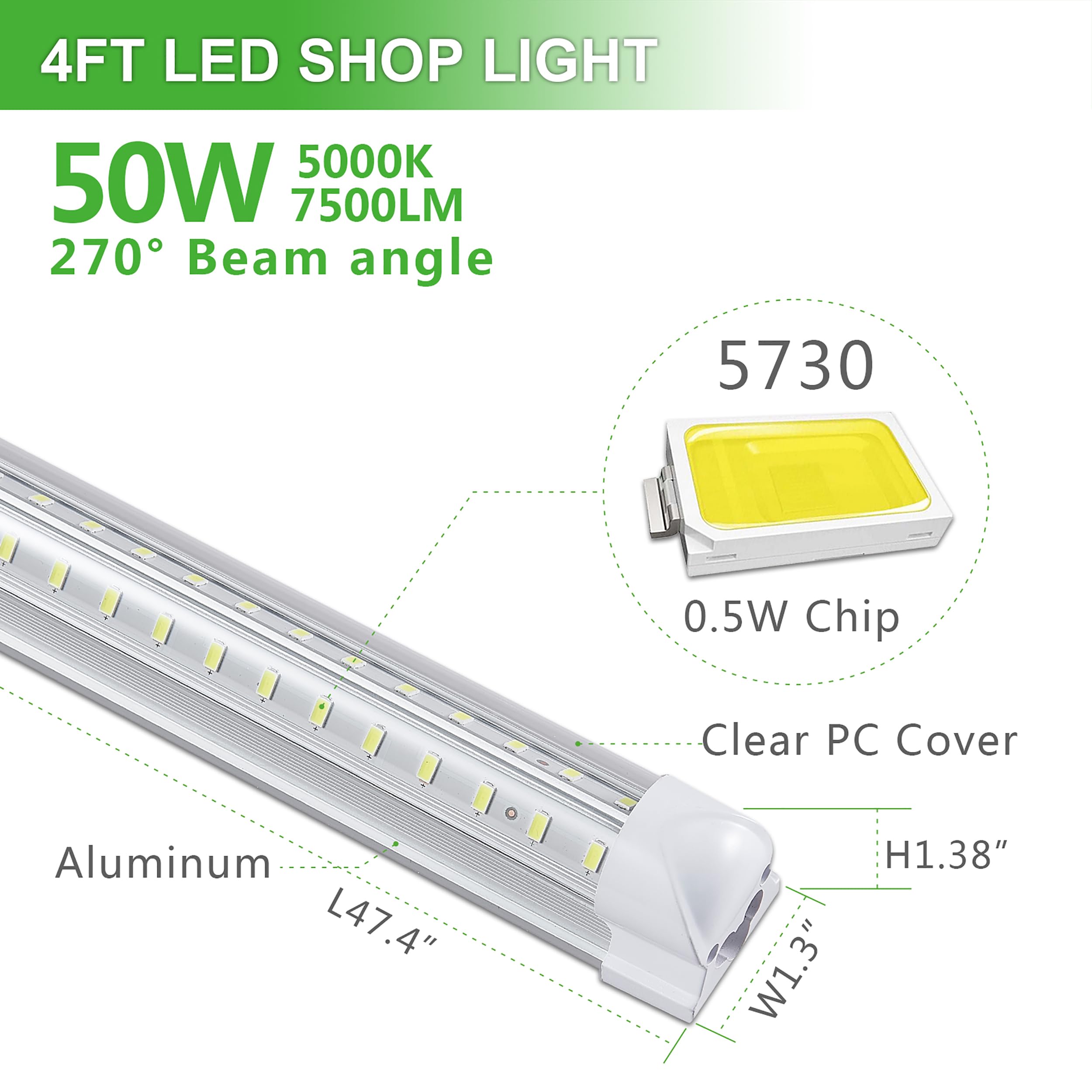 8Pack 4FT LED Shop Lights - 50W 5000K Daylight White 7550LM, Linkable Hanging/Surface Mount Garage Lighting - Plug and Play T8 4FT Tube Lights for Warehouse, Workshop, Basement & Home Garage - Energy Efficient Bright Lighting Solution