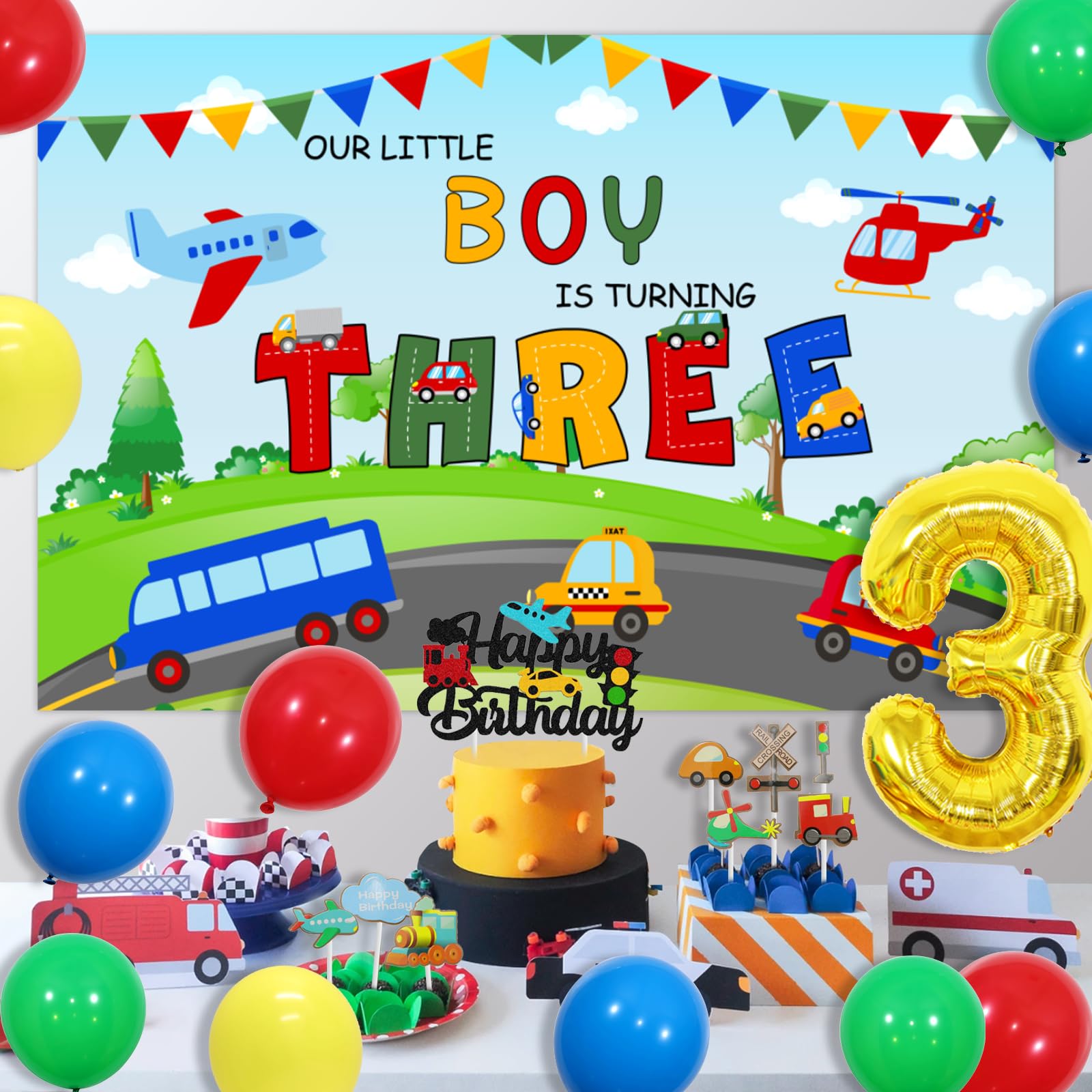 Balerever Transportation Theme 3rd Birthday Party Decorations for Boys - Happy Birthday Banner, Cake & Cupcake Toppers, Train Plane Ship Foil Balloons - Perfect for Transport Vehicle Themed Birthday Celebrations | Ideal for Kids' Birthday Parties, Baby Showers & Special Events
