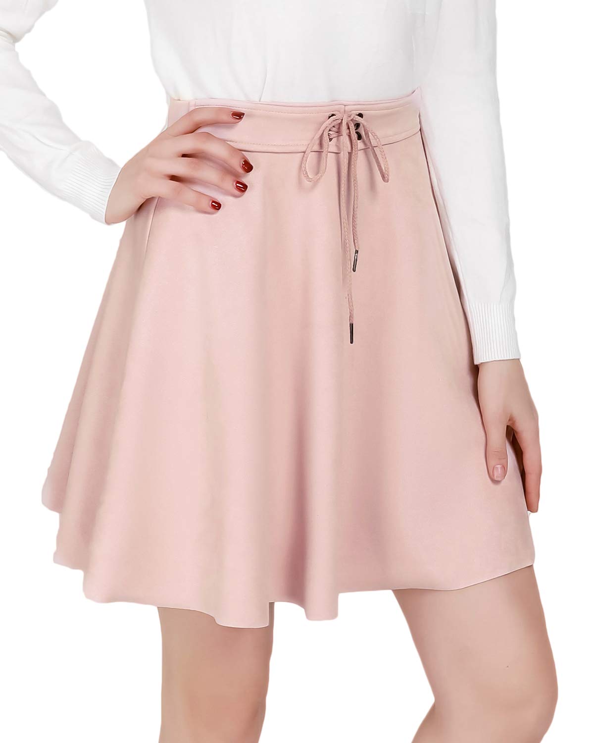 DIASHINY Women's Faux Suede Mini Skirt - High Waist A-Line Flared Skater Skirt with Belt Tie for Casual Outfits & Party Wear | Stretchy Comfort Fit for Daily Use, Date Nights and Office Attire