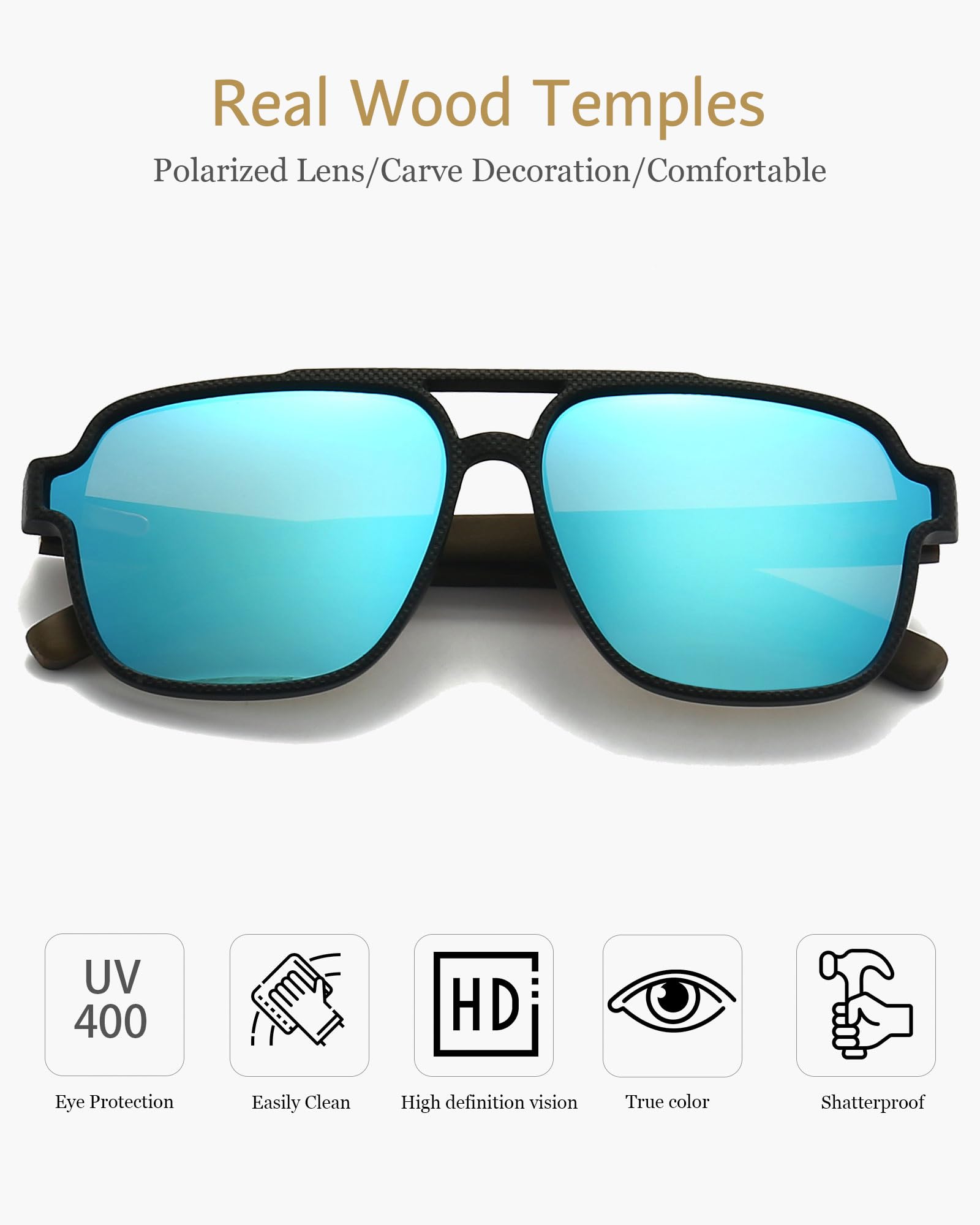 ANRRI Wooden Sunglasses for Men & Women - UV Protection & Polarized Lenses - Classic Aviator Style with Wood Frame - Perfect for Outdoor Activities, Beach, Driving & Fashion Accessories