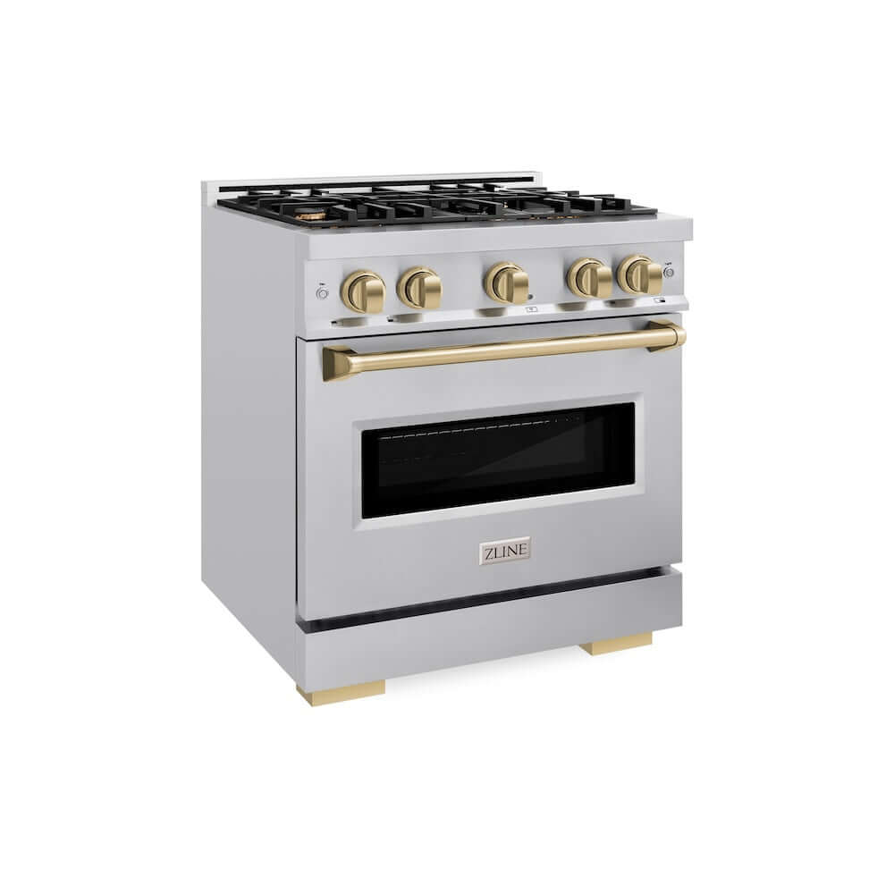 ZLINE Autograph Edition 30-inch 4.2 cu. ft. Stainless Steel Gas Range with 4 Burner Cooktop & Convection Oven - Champagne Bronze Accents (CGRZ 30 CB) - Perfect for Modern Kitchens and Professional Cooking