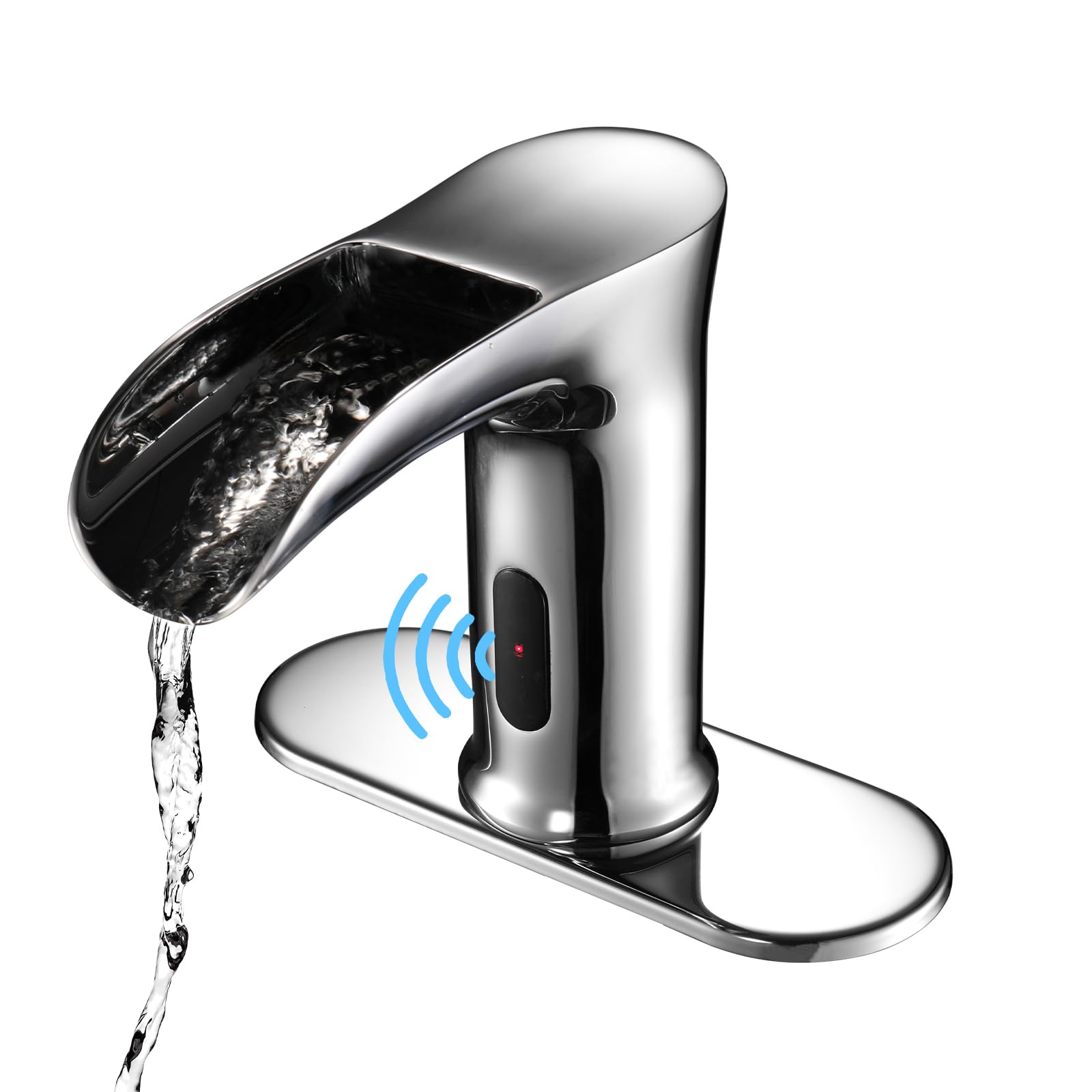 Automatic Touchless Sensor Waterfall Bathroom Sink Faucet - Modern Hands-Free Electronic Lavatory Faucet with Control Box & Temperature Mixer - Perfect for Home, Hotel, and Public Restrooms (Chrome Finish)
