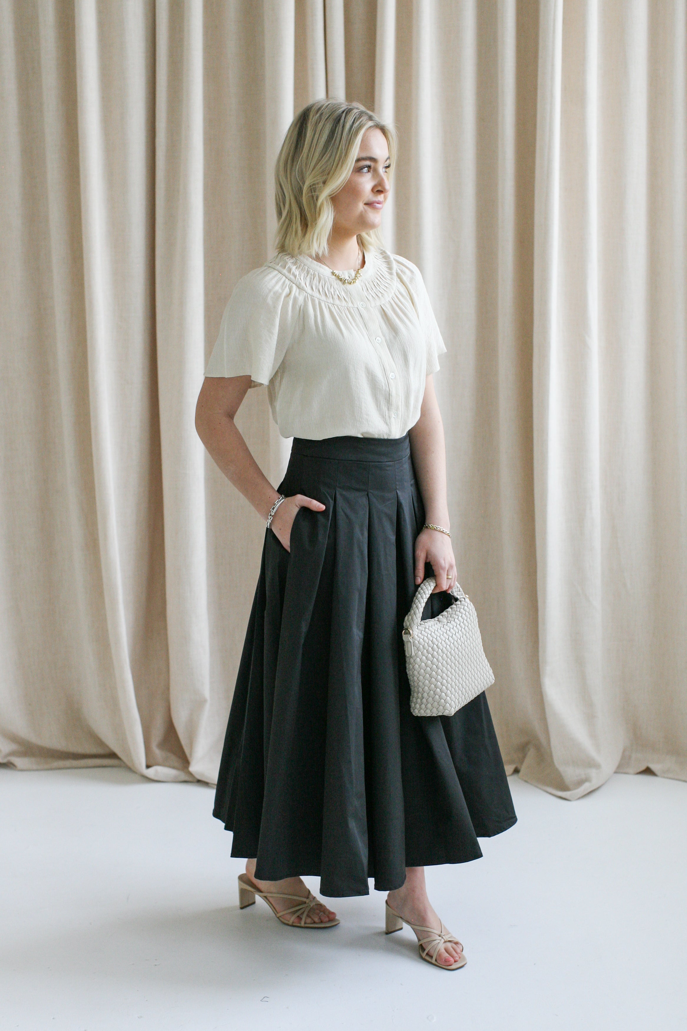 Sienna Black Midi Skirt for Women - Elegant High Waist Flowy A-Line Skirt | Perfect for Office, Party & Casual Wear | Comfortable Stretchy Fabric
