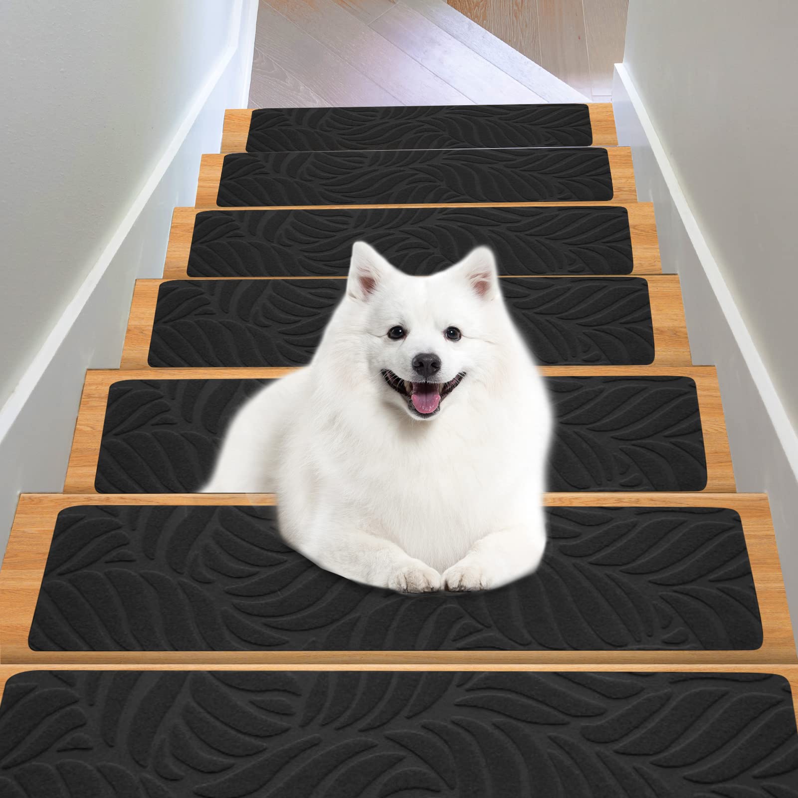 Non-Slip Stair Treads - 15-Pack Black Leaf Design for Wooden Steps | Home Safety
