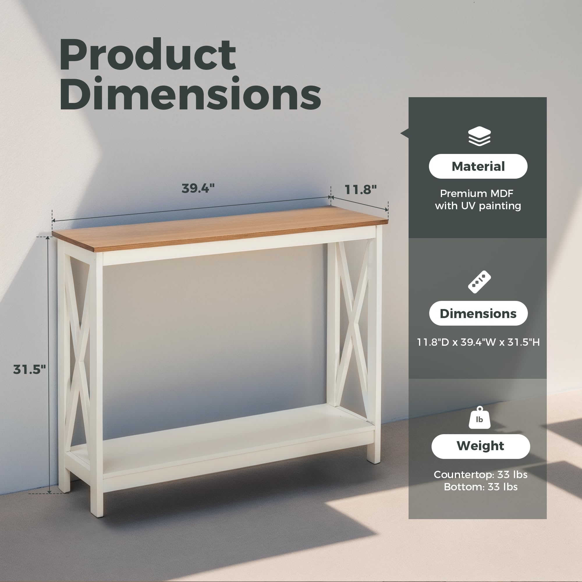 Modern Farmhouse Console Table - Narrow Entryway Sofa Table for Living Room, Ivory White | Perfect for Hallway, Foyer & Behind Couch Decor