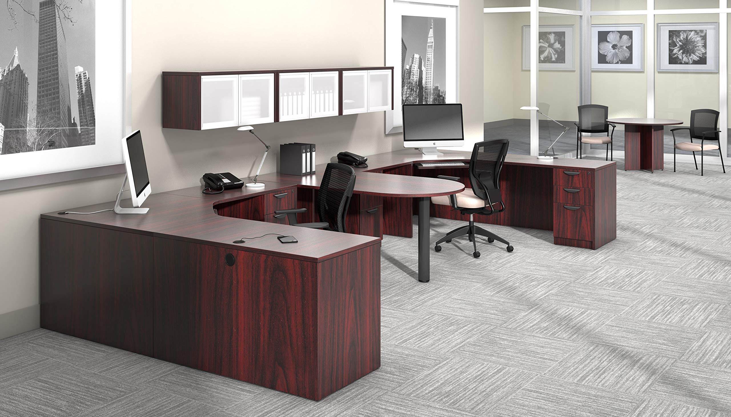 GOF Double 4-Person Workstation Cubicle Office Partition - 11'D x 12'W Mahogany Room Divider Desk | Perfect for Open Office Spaces, Coworking Areas & Home Offices