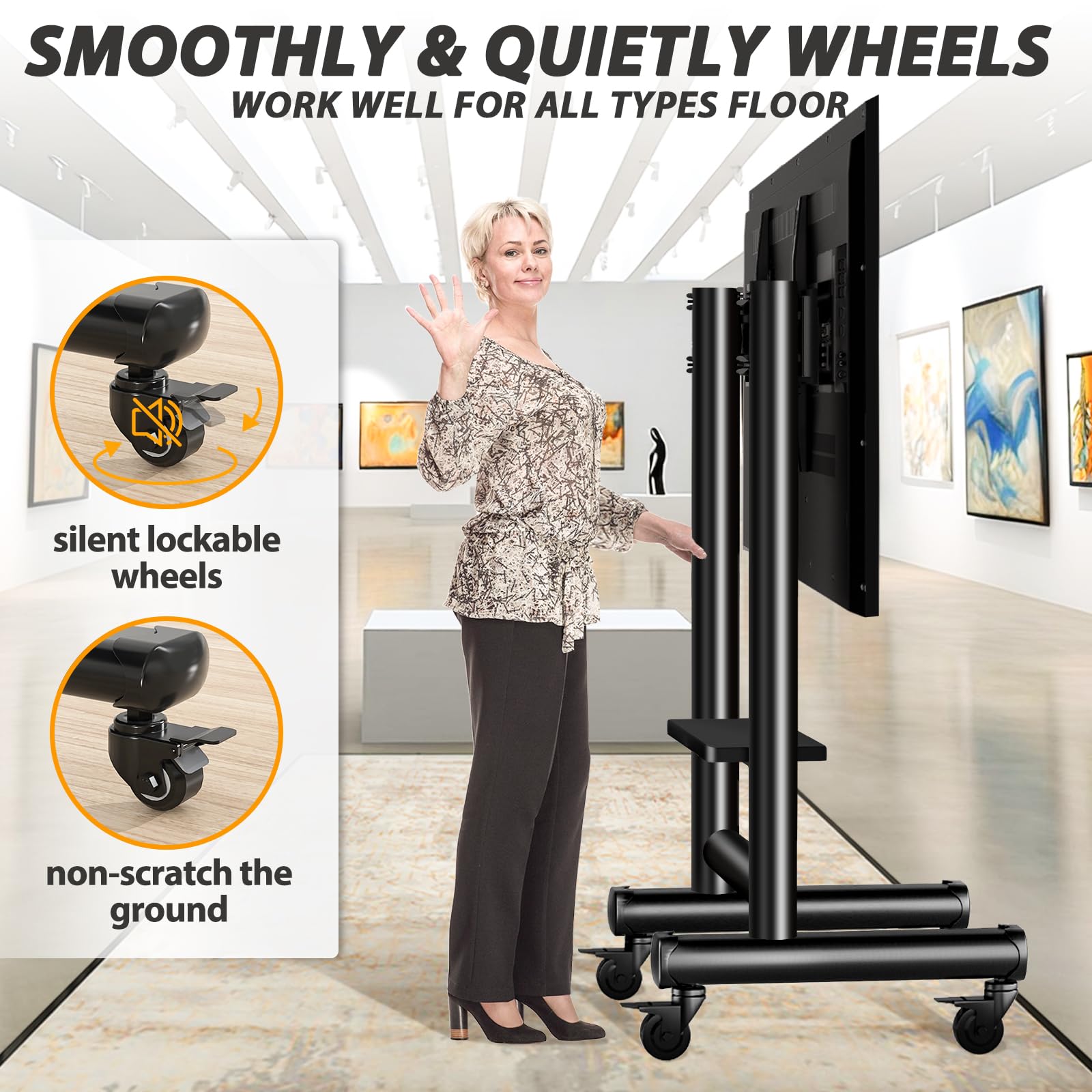 Heavy Duty Rolling TV Stand for 50-92 Inch Large TVs up to 150 Lbs - Height Adjustable Mobile TV Cart with Storage Shelf - Upgraded Portable TV Stand on Wheels for Living Room, Office, Trade Show - Perfect for Home Theater, Conference Rooms & Commercial Displays