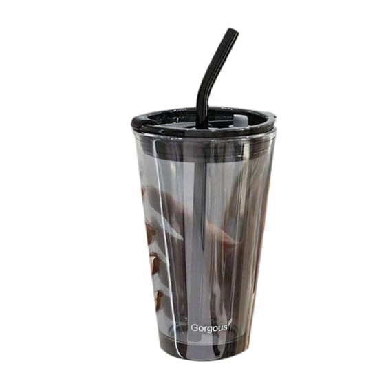 KD ZONE 450ML Glass Tumbler with Leather Sleeve - Insulated Coffee Mug with Glass Straw & Lid for Hot/Cold Drinks - Perfect for Juice, Milk, Tea - Ideal Travel Cup for Office, Commuting & Outdoor Activities (Black, Pack of 1)