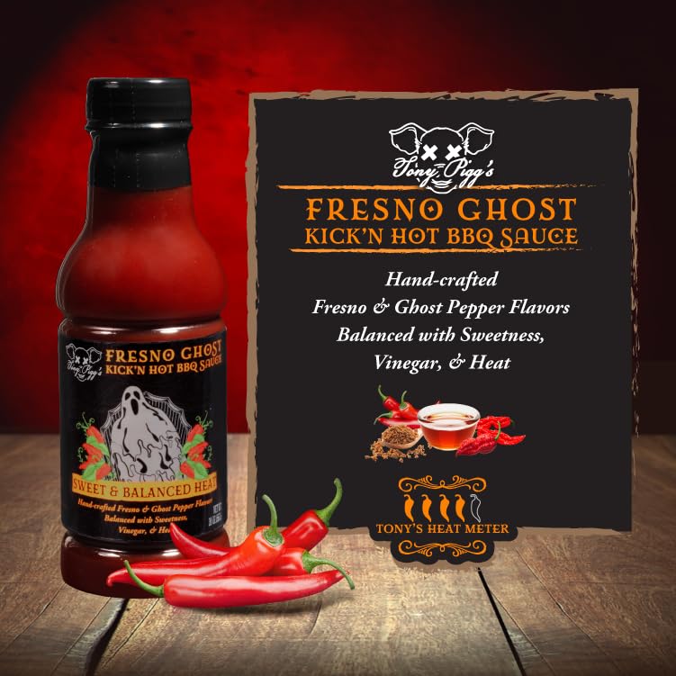 Tony Piggs Hot BBQ Sauce Fresno Ghost Flavor (19oz) - Spicy Ghost Pepper Barbecue Sauce for Wings, Ribs & Burgers - Made with Fresh Peppers - Perfect for Summer Cookouts, Tailgating & Grilling Gifts for Men