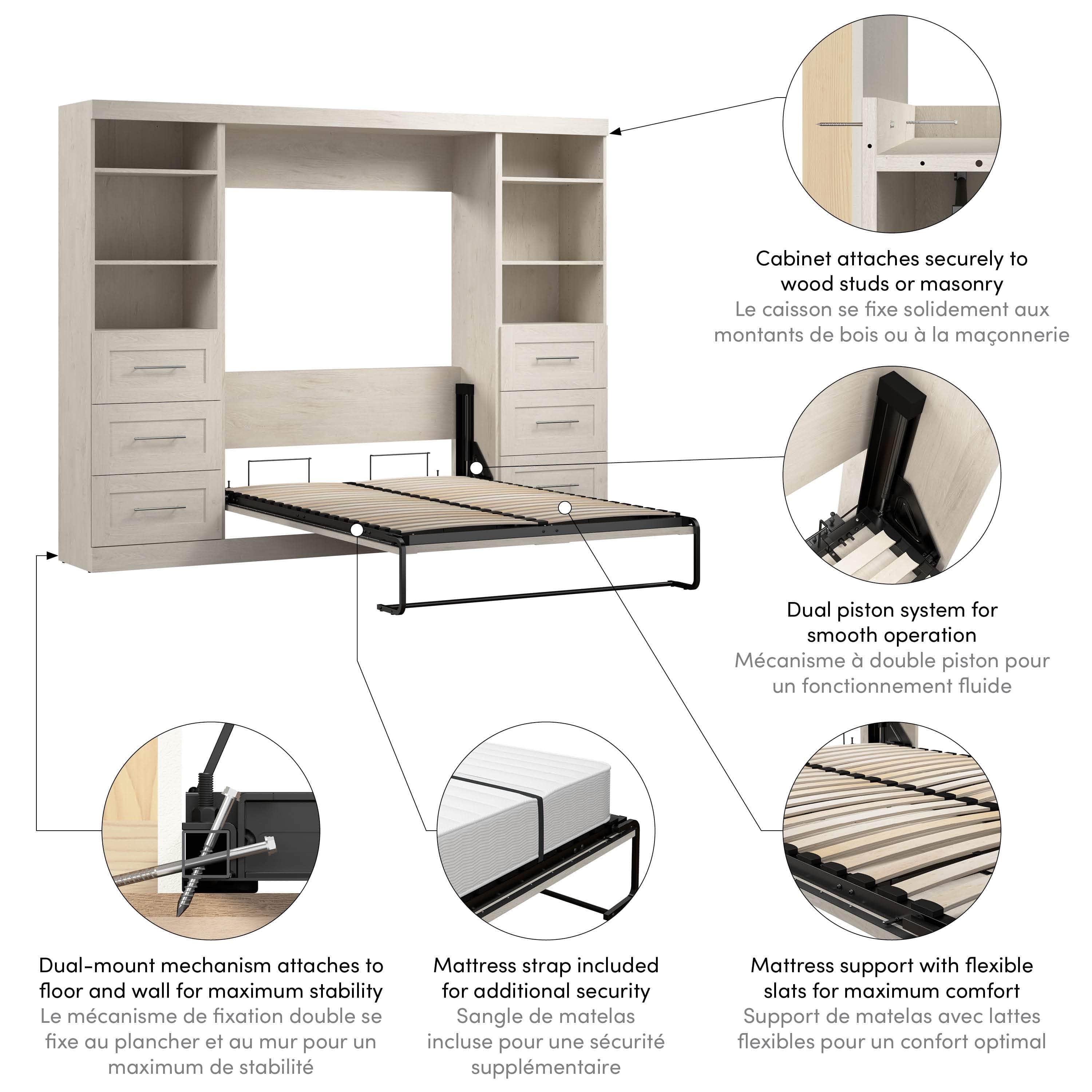 Pur Full Murphy Wall Bed with 2 Storage Units & Drawers (109W) - 7 Color Options for Space-Saving Home Office, Guest Room & Small Apartments