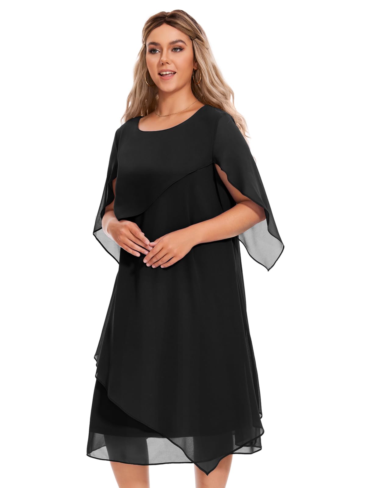Elegant Plus Size Cape Dress with Chiffon Overlay for Women - Wedding Guest, Cocktail Party & Special Occasion Formal Wear - Perfect for Bridal Showers, Evening Galas and Holiday Celebrations