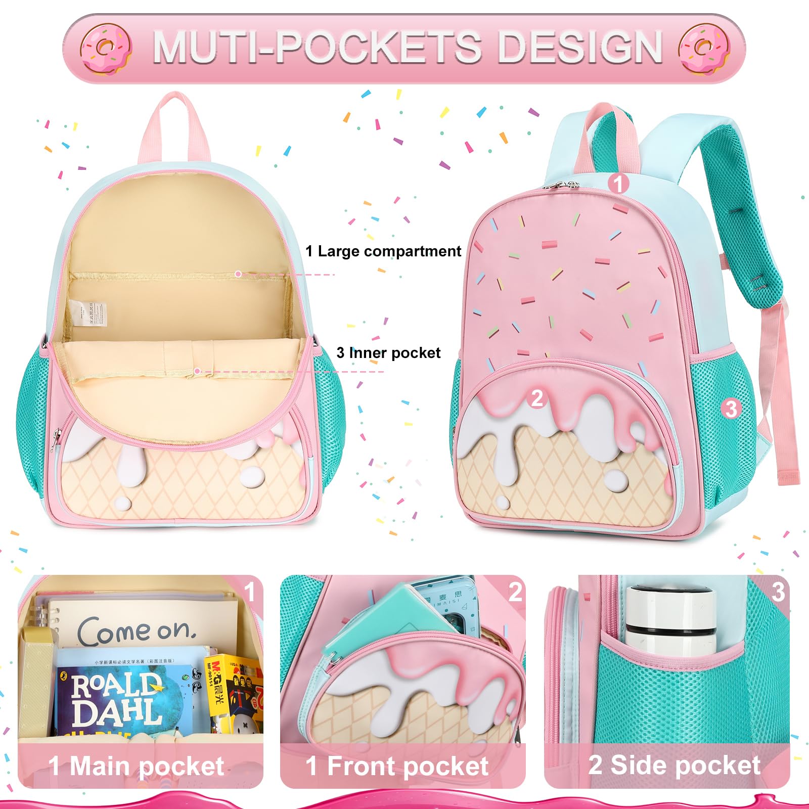 BTOOP Kids Backpack for Girls - Ice Cream Design School Bag for Preschool & Kindergarten